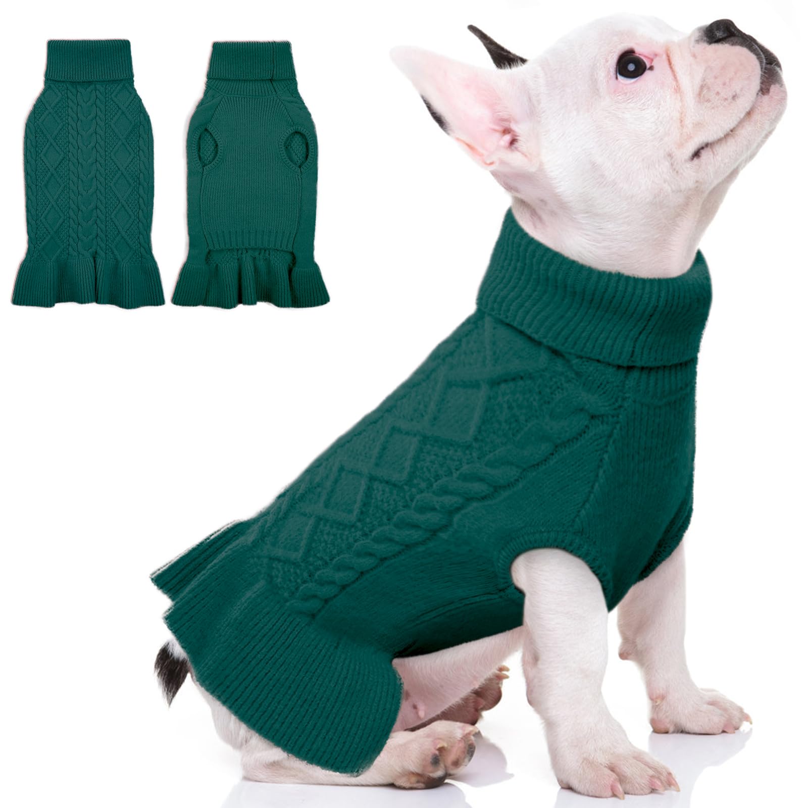 Qbleev Puppy Sweaters - Green Pet Sweater Dress With Turtleneck - Small Dog Winter Warmth For Girls & Boys - Christmas