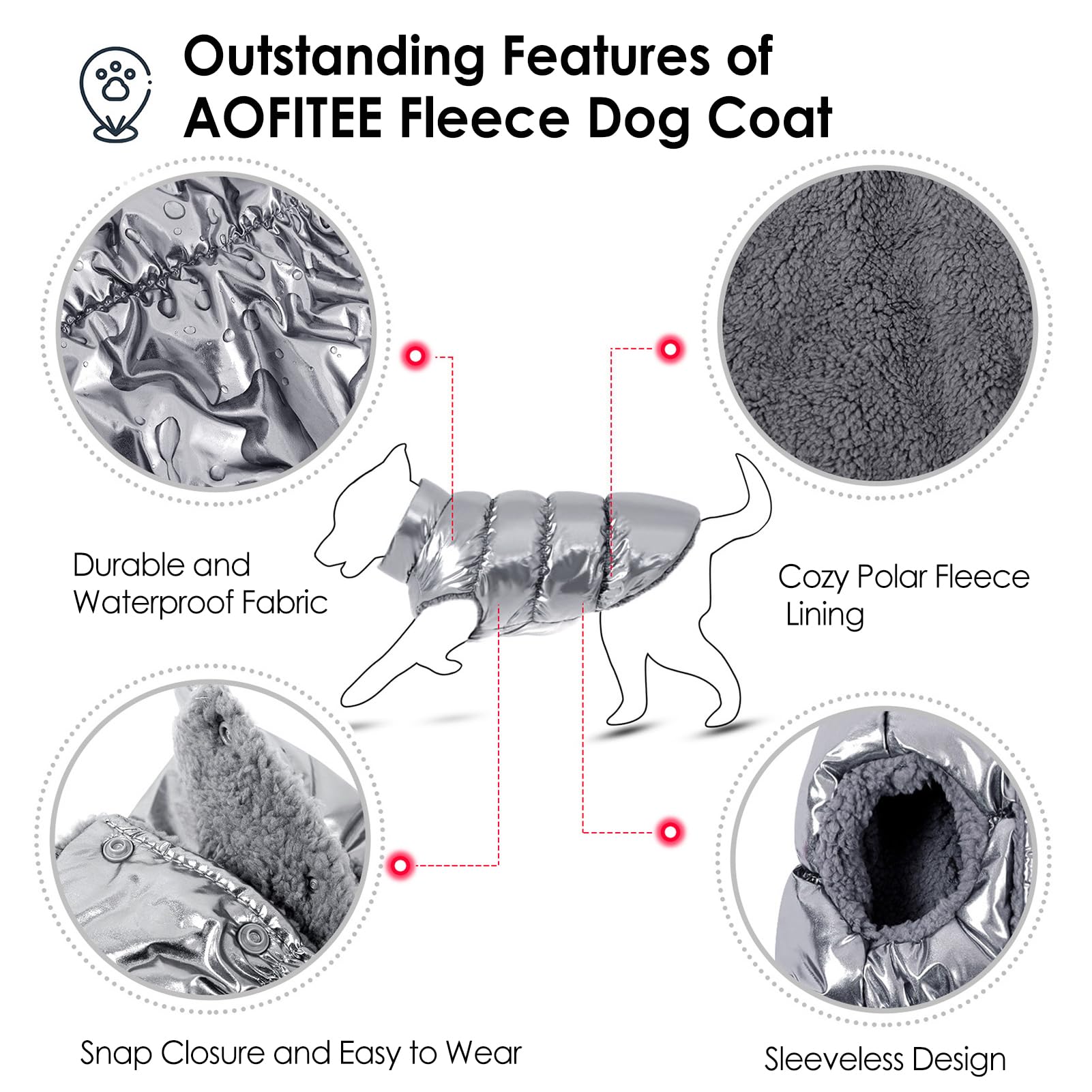 AOFITEE Dog Coat - Waterproof & Warm Winter Jacket for Small & Medium Dogs, Fleece Lined, Silver