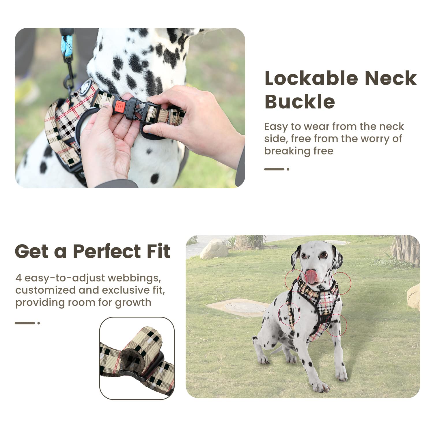Furryfection Plaid Dog Harness For Large Dogs | No Pull Reflective Pet Harness | No Choke Adjustable Dog Vest Harnesses | With Leash | Easy Control Handle | Front Lead | Seat Belt | Beige&White | Xl