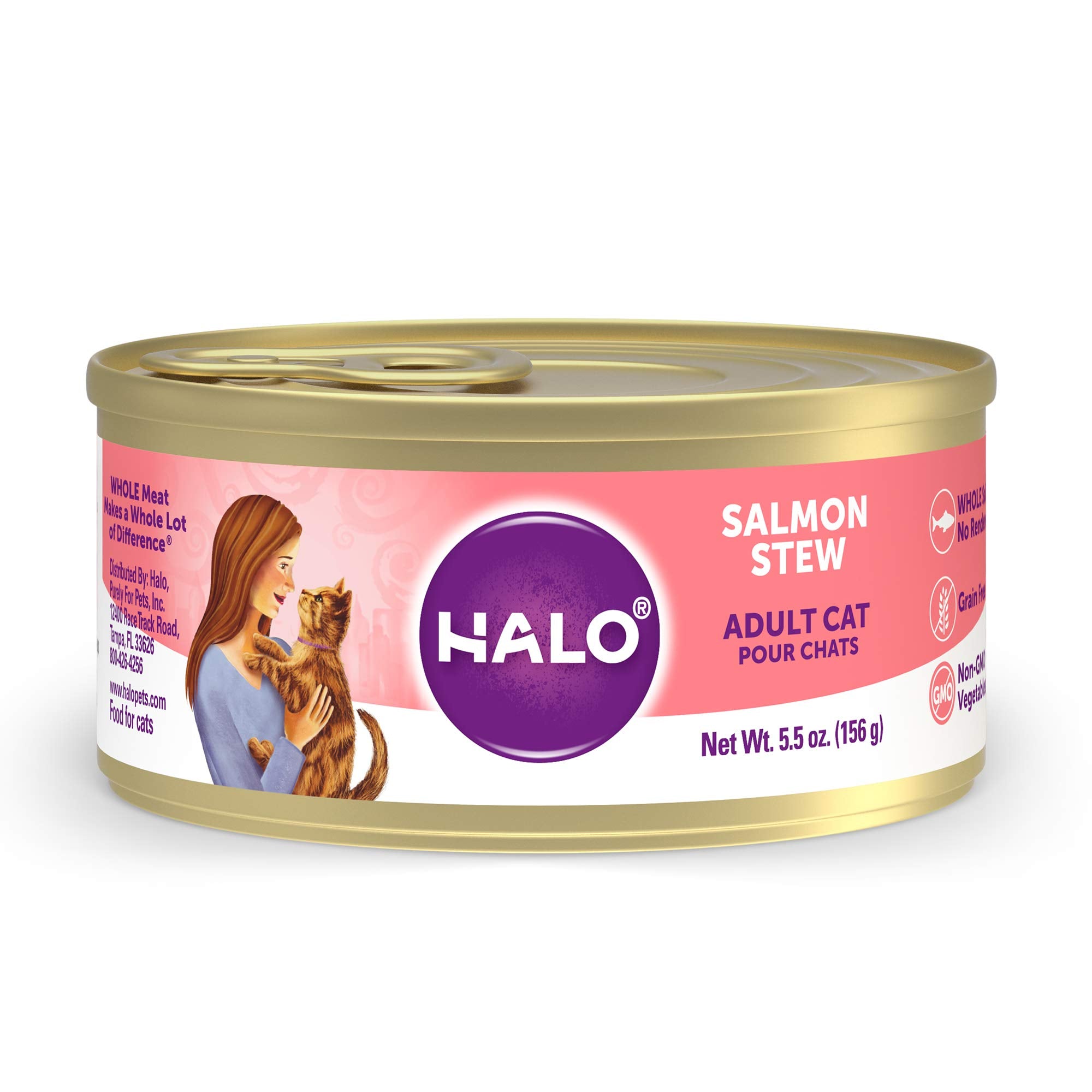 Halo Wet Cat Food Whole Salmon Stew Recipe, Grain Free Wet Cat Pate, Canned Cat Food for Extra Hydration, 5.5 Oz Can (Pack of 12