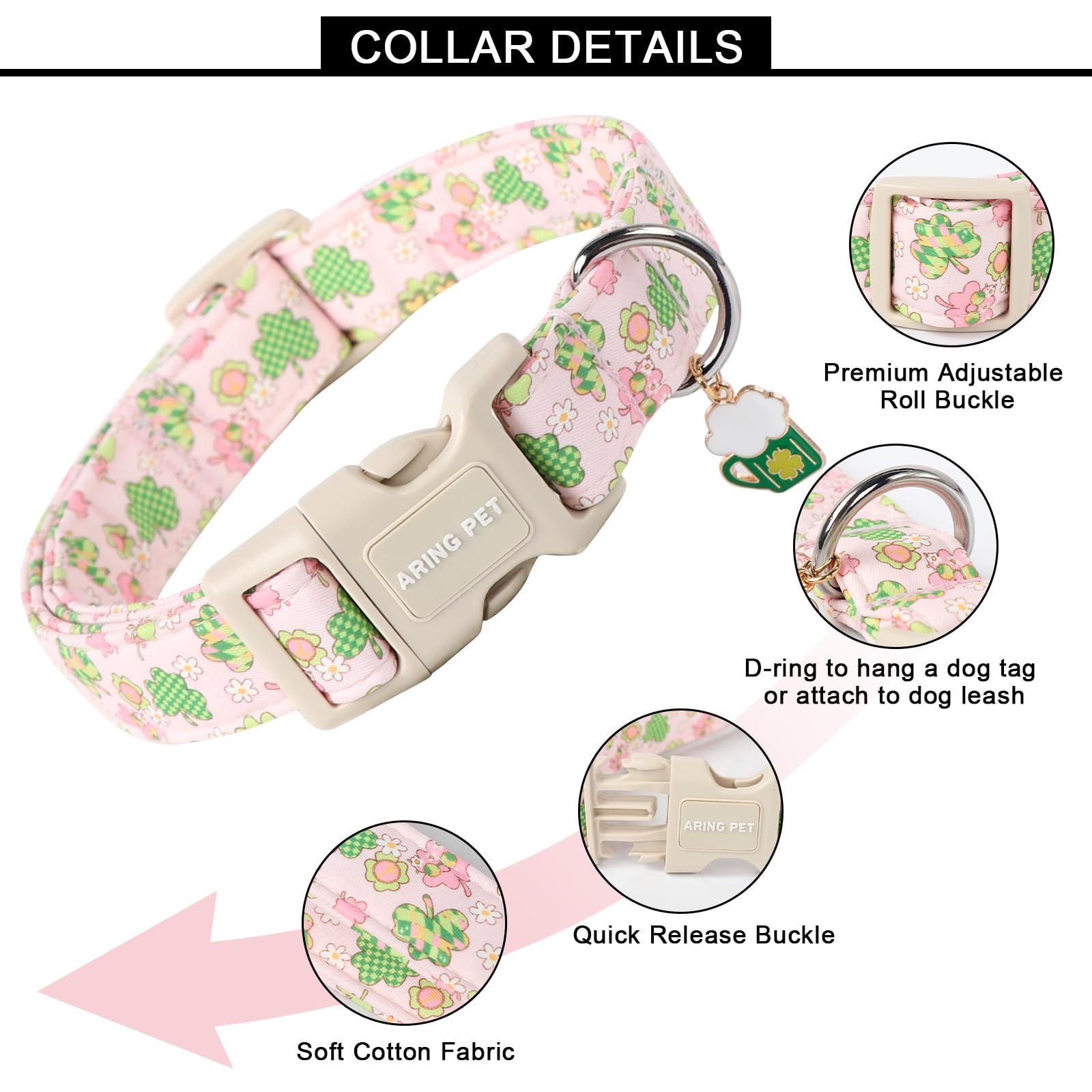 Aring Pet St Patrick'S Day Dog Collar-Cute Pink Clovers Dog Collars, Adjustable Shamrock Pet Collars Trefoil Puppy Collar With Q