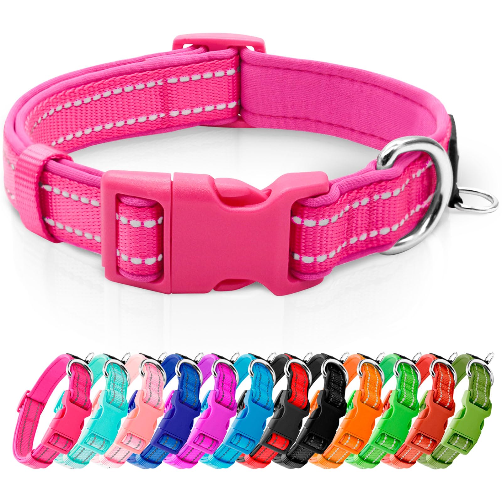 Azuza Reflective Dog Collar,Soft Neoprene Padded Pet Collar With Id Tag Ring,Adjustable For Large Dogs,Hot Pink,L