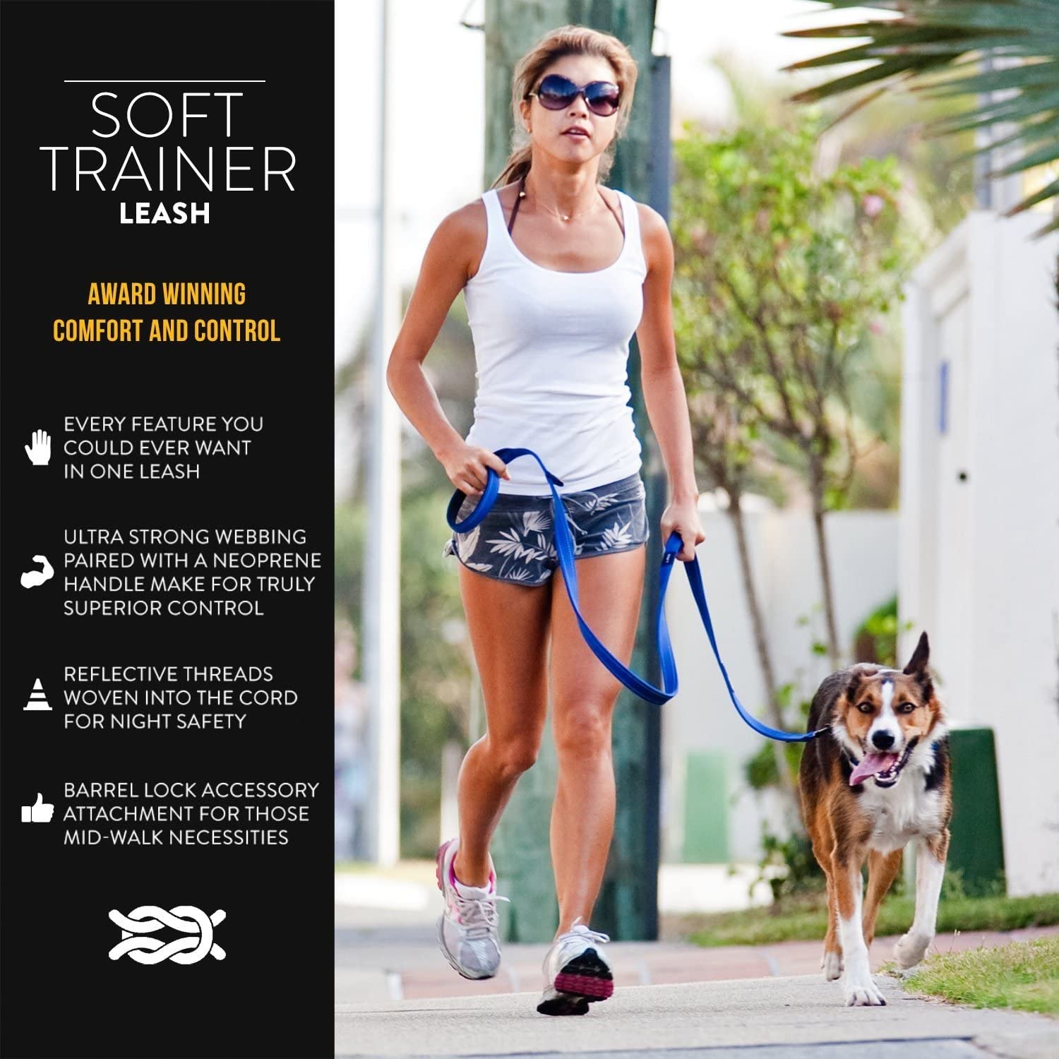 Ezydog Soft Trainer Dog Leash With Traffic Control Handle - Reflective Stitching For Nighttime Safety And Superior Strength And Comfortability For Training Small Dogs (Under 26 Lbs) (72”, Blue)