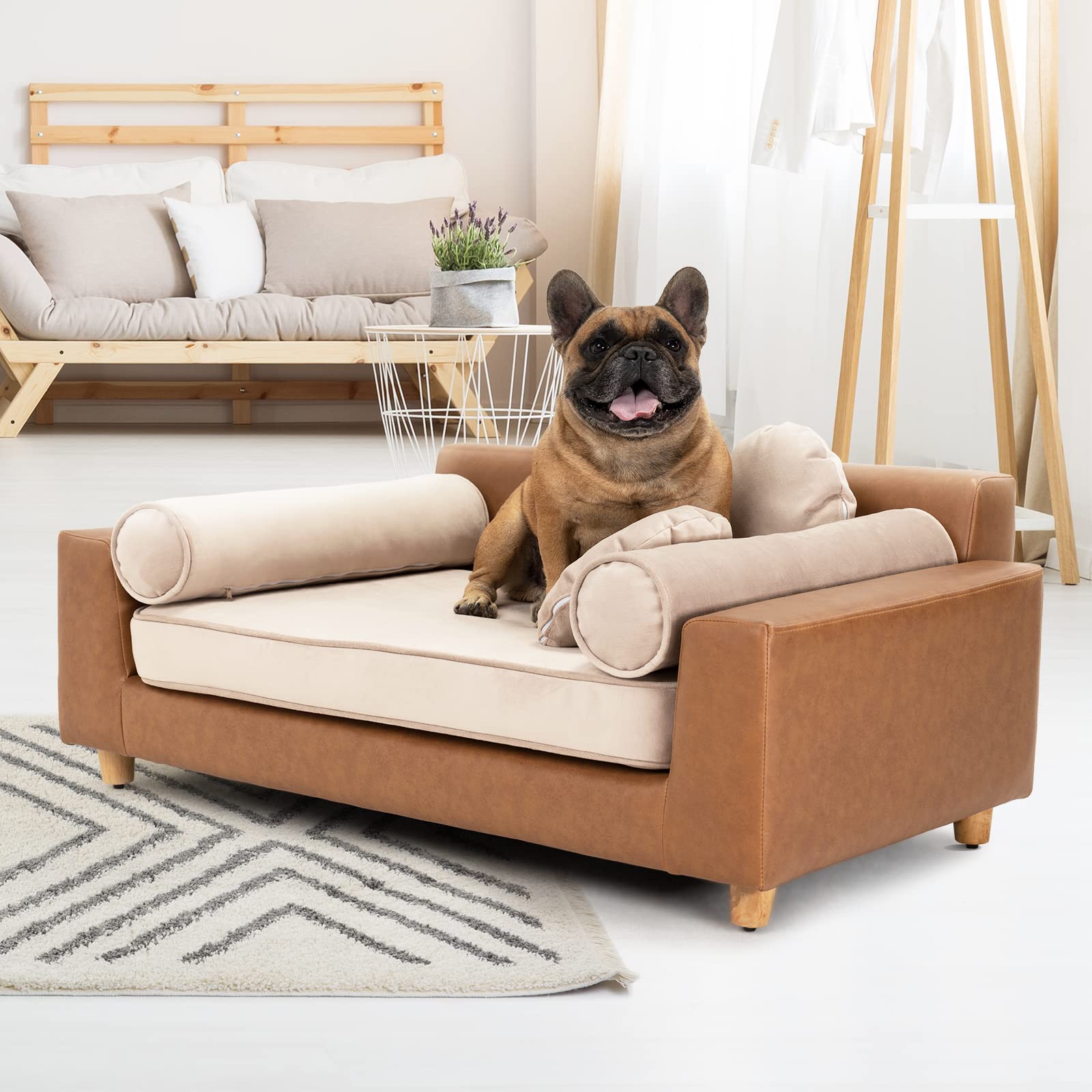 Dcee Luxury Dog Sofa Bed, Luxury 42'' Leather Pet Couch For Large Dogs, Washable Velvet Cushion, Sturdy Wooden Frame, Anti-Slip