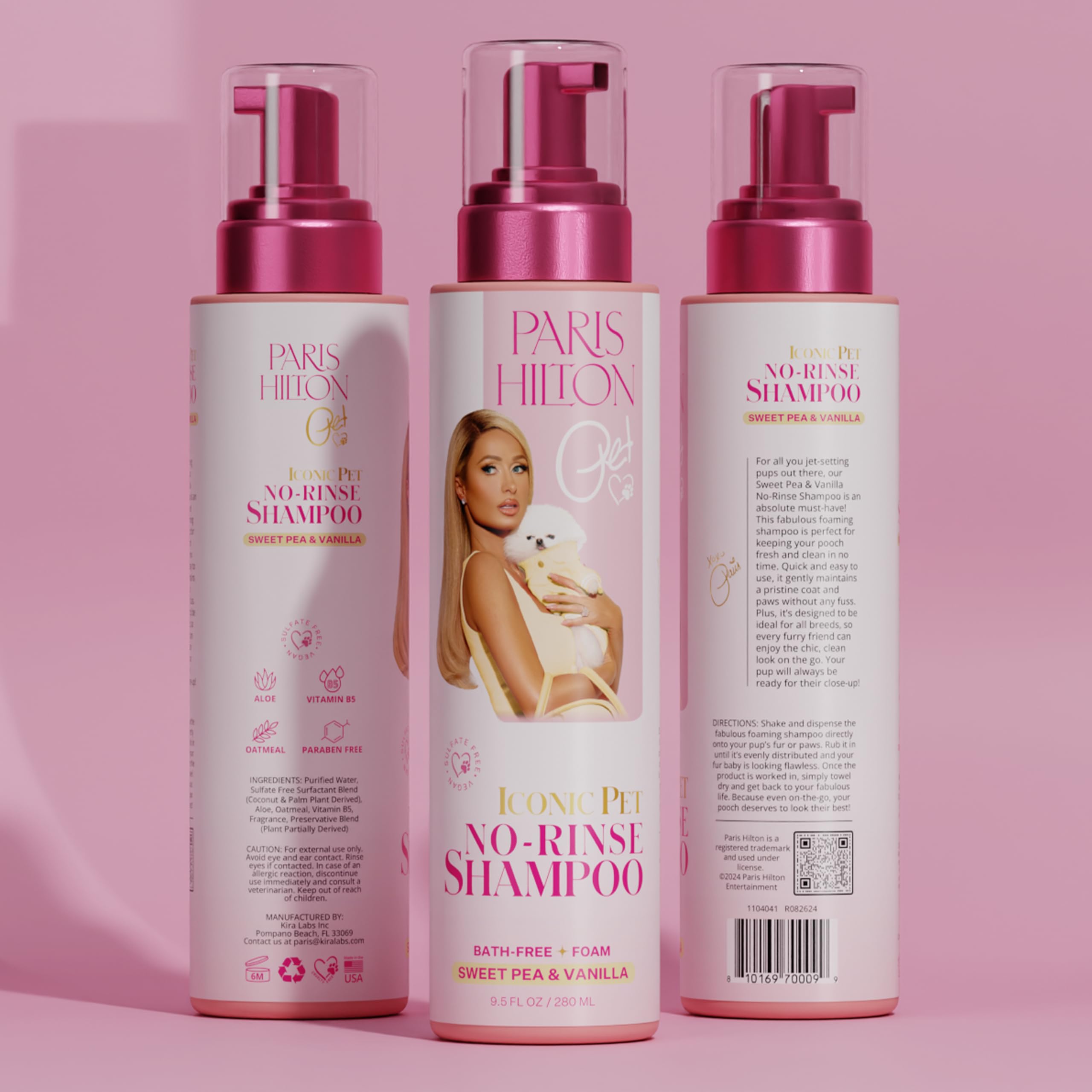 Paris Hilton Pet Iconic Sweet Pea & Vanilla Scent No-Rinse Dog Shampoo, Waterless Dog Wash, Hypoallergenic, 280Ml - Quick Clean