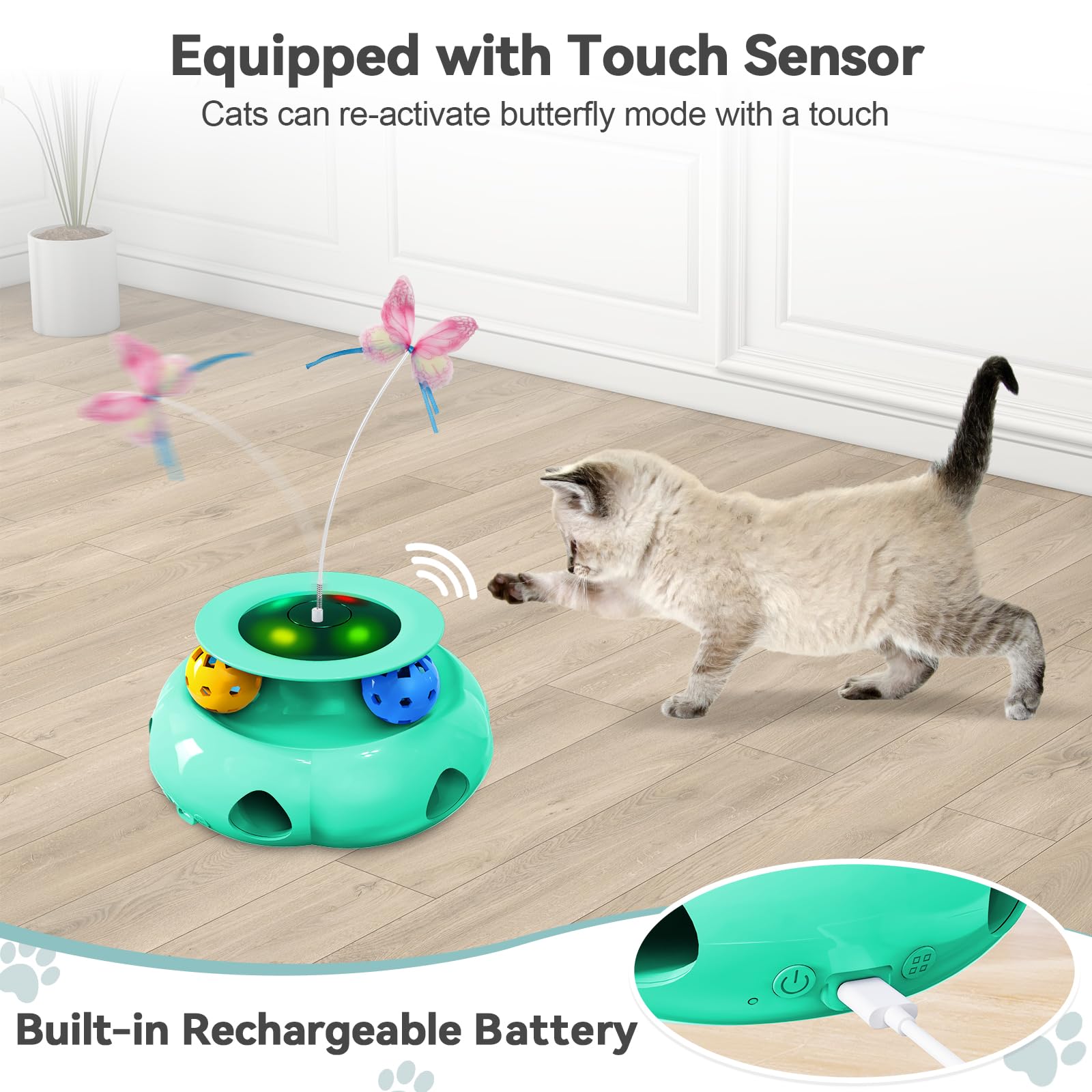 Xuyub Cat Toys Interactive Rechargeable 3In1 Whack A Mole Cat Toy, Fluttering Butterfly, Track Balls, Touch Activated Automatic