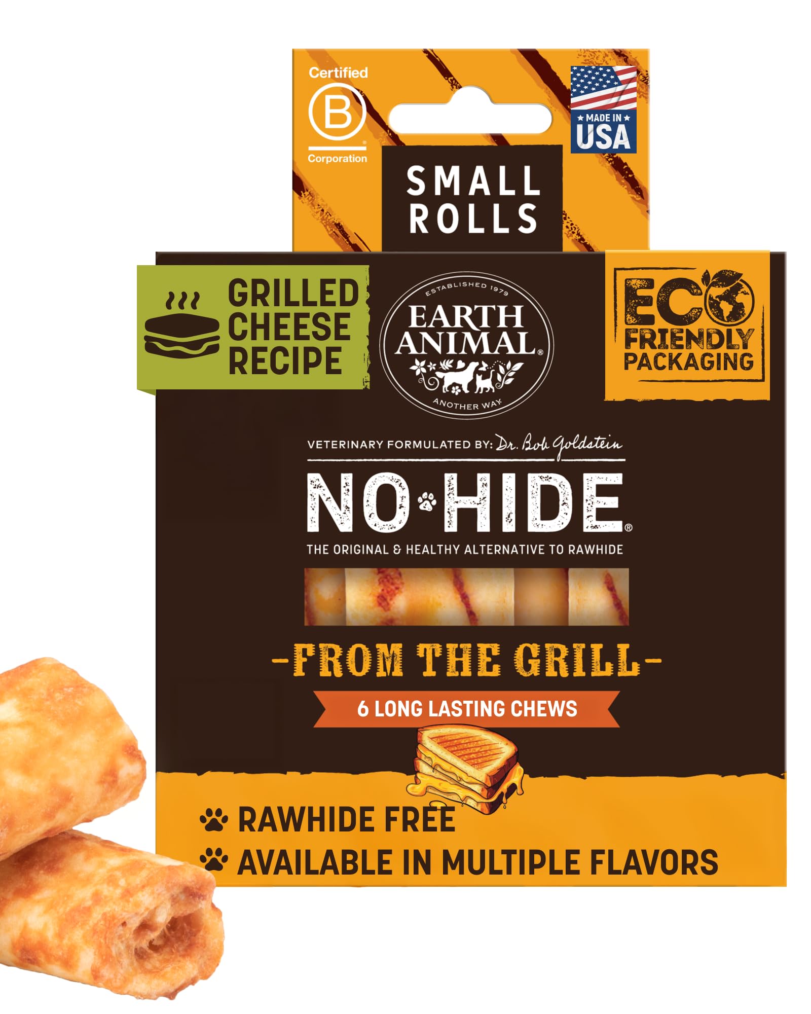 Earth Animal No Hide Chews - from The Grill Rolls Grilled Cheese Vegetarian Flavor Rawhide Free Small Dog Chews - 6 Count