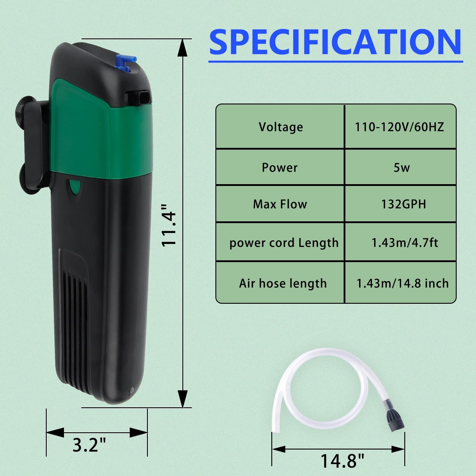 Freesea Aquarium Power Filter Pump: 5 Watt Pump Internal Filter Increase Oxygen 4 In 1 Pump | 132 Gph For Up To 150 Gallon