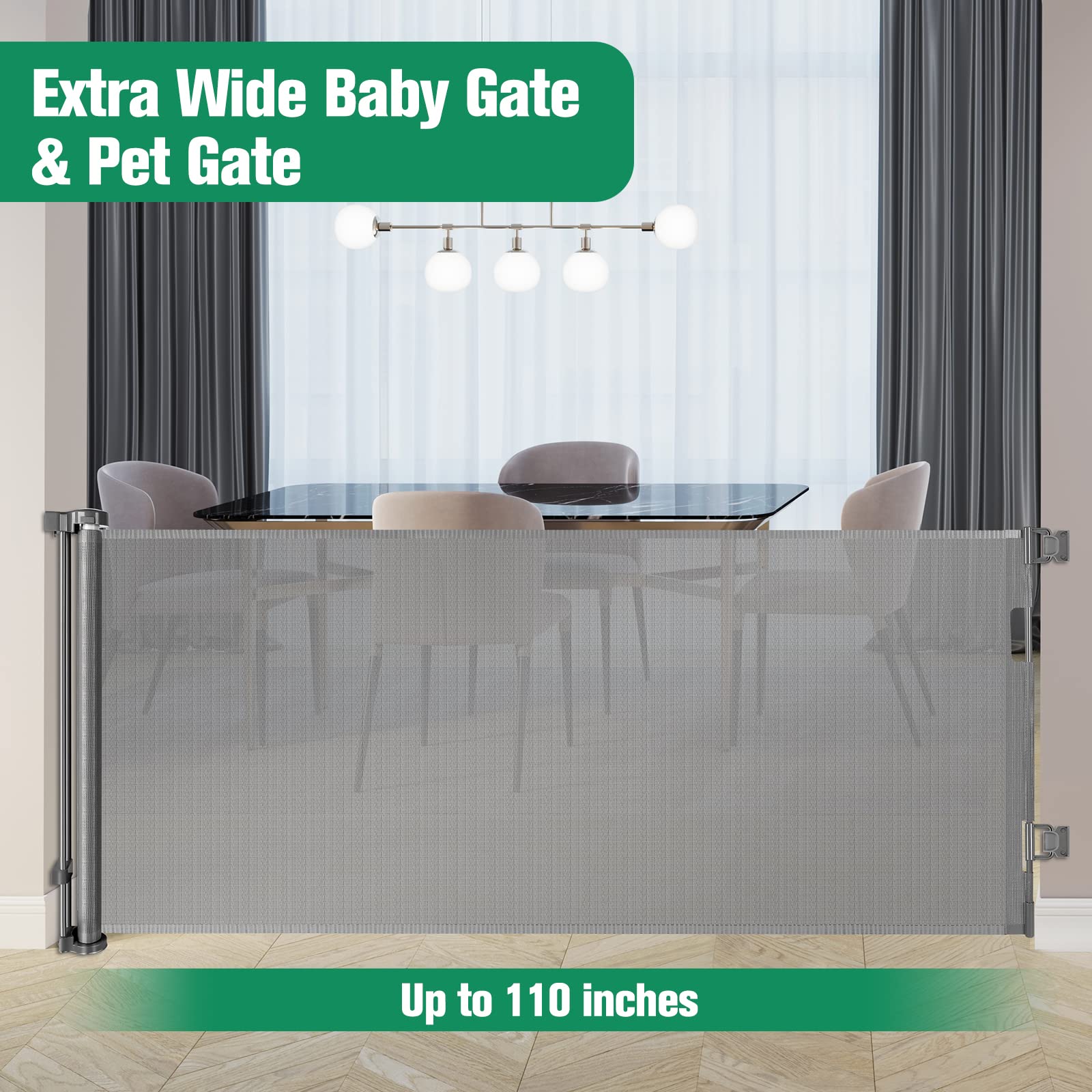 110 Inch Retractable Baby Gates Extra Wide Baby Gate for Large Openings Indoor Outdoor Retractable Dog Gate for Stairs Extra Lon