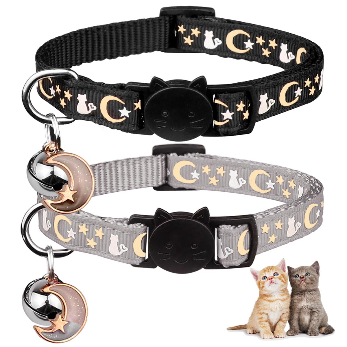 2Pcs Breakaway Cat Collars With Bell Cute Kitty Glow In The Dark Adjustable Kitten Collars(Grey&Black)