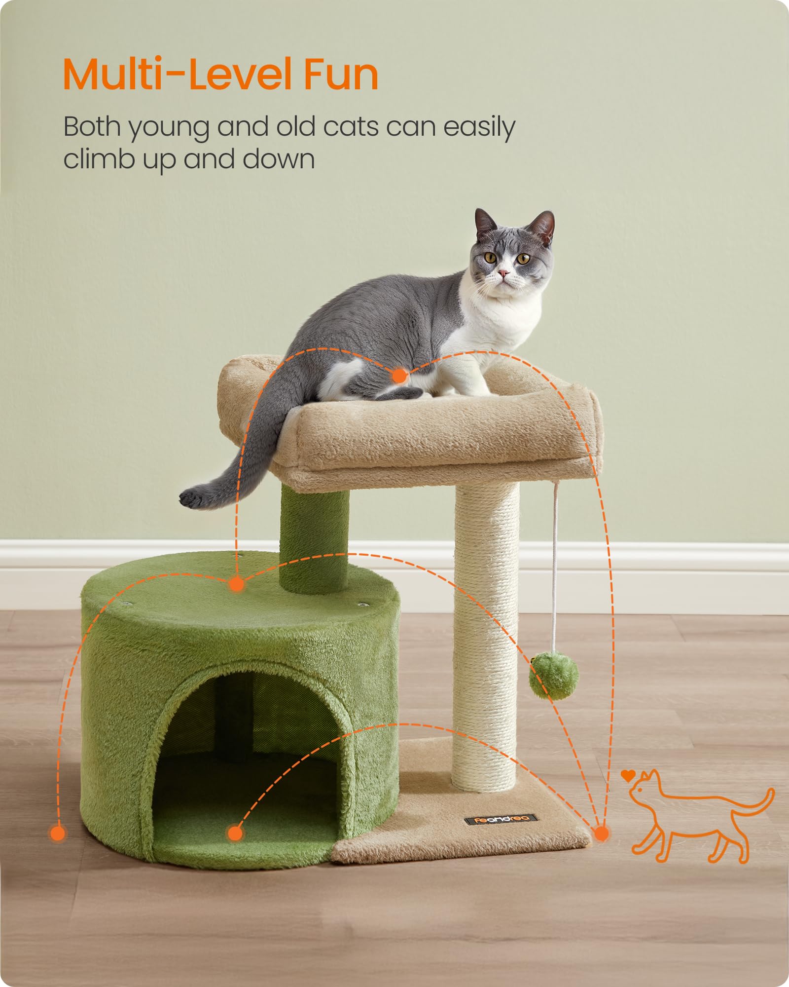 Feandrea Cat Tree Tower with Sisal Scratching Post, Cat Condo with Padded Perch, for Small Spaces, Kittens, Grass Green and Came