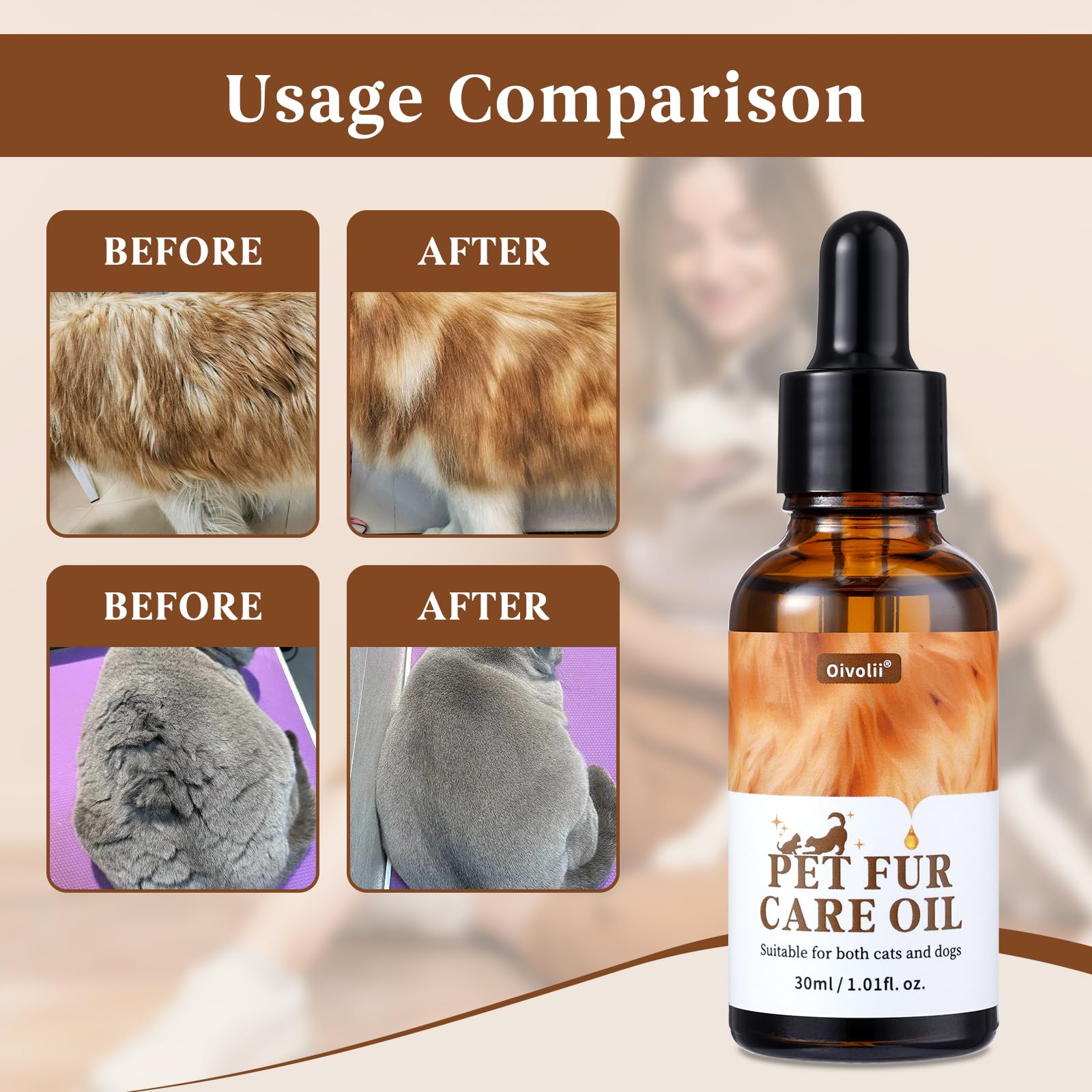 Oivolii Pet Fur Care Oil ? Leave-in Conditioner for Dogs & Cats, Reduces Shedding, Moisturizes & Restores Natural Coat Luster, 1.01 fl. Oz