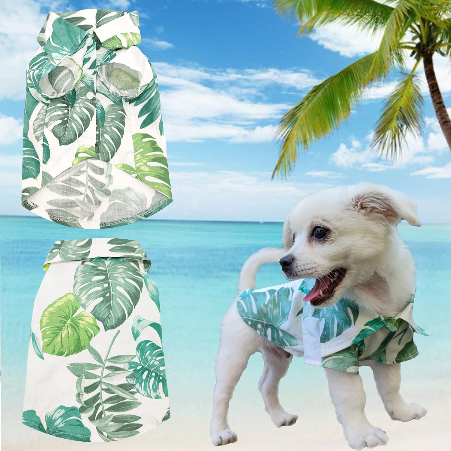 Lkex Dog Shirt Hawaiian Puppy Clothes, Leaf Printed Lapel Vest Summer Polo T-Shirt Pet Apparel Dog Clothes For Small Medium Boy