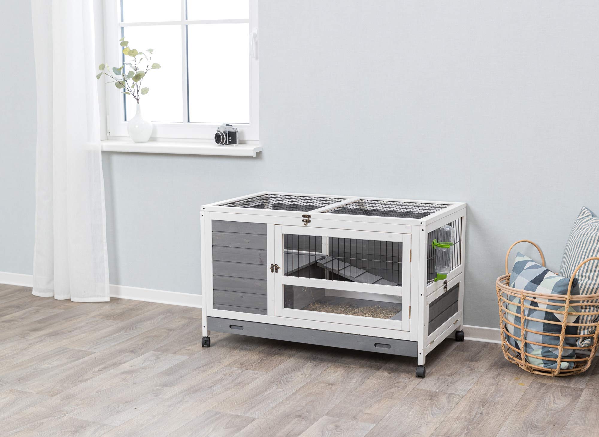 Trixie Natura Small Indoor Rabbit Hutch, Pet House For Rabbits And Guinea Pigs, Bunny Cage On Wheels, Pull Out Tray