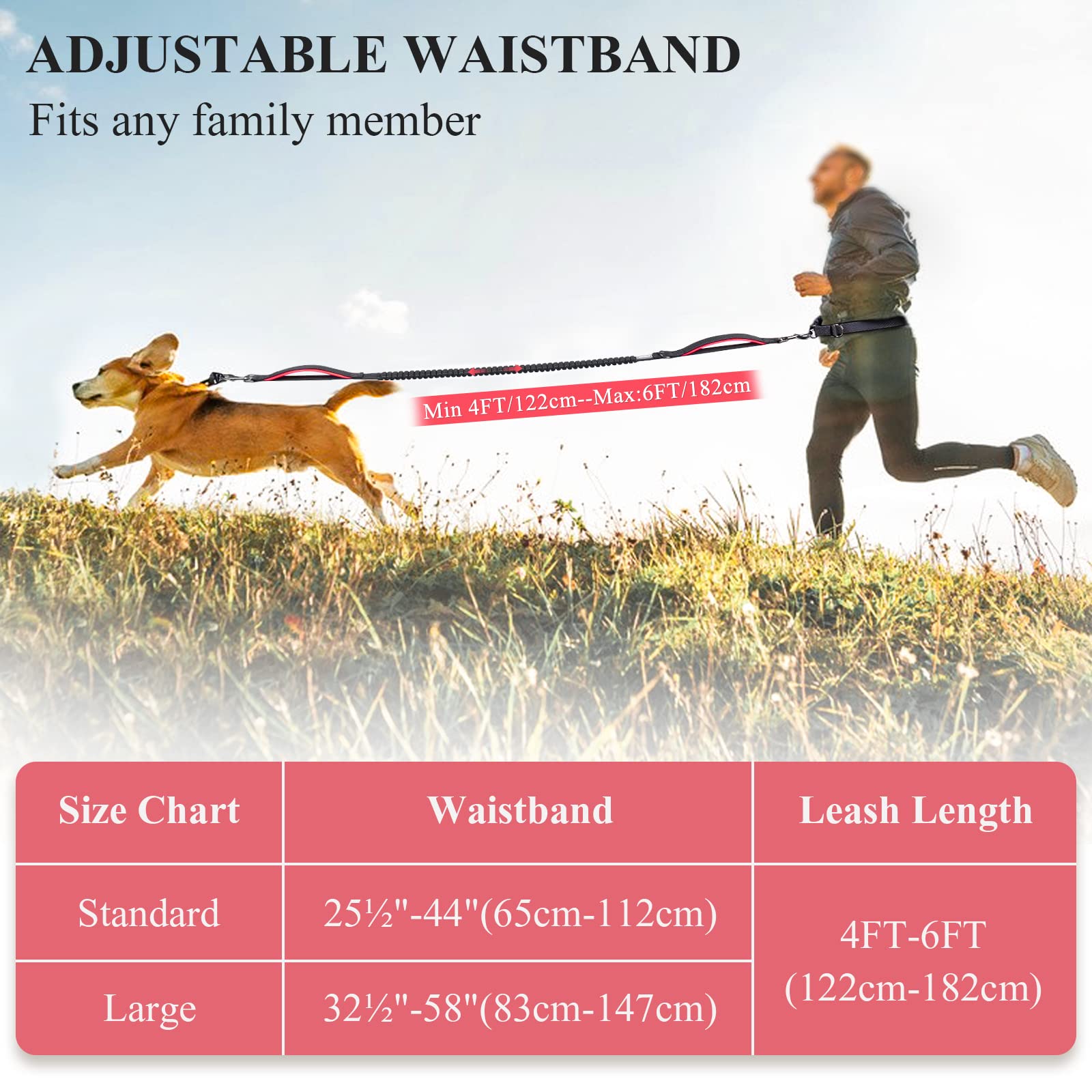 Vivaglory Hands Free Dog Leash With Shock-Absorbing Bungee For Medium & Large Dogs, Reflective Adjustable Waist Leash With Dual Padded Handle For Walking, Jogging, Running, Hiking, Black-Red