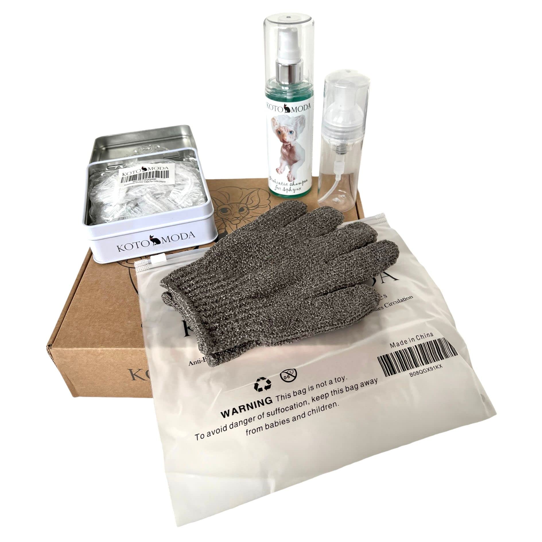 Kotomoda Bath Shower Spa Set For Sphynx And Other Naked Pets Shampoo 120 Ml With Foam Generator, Shower Caps In The Tin Box, Bat