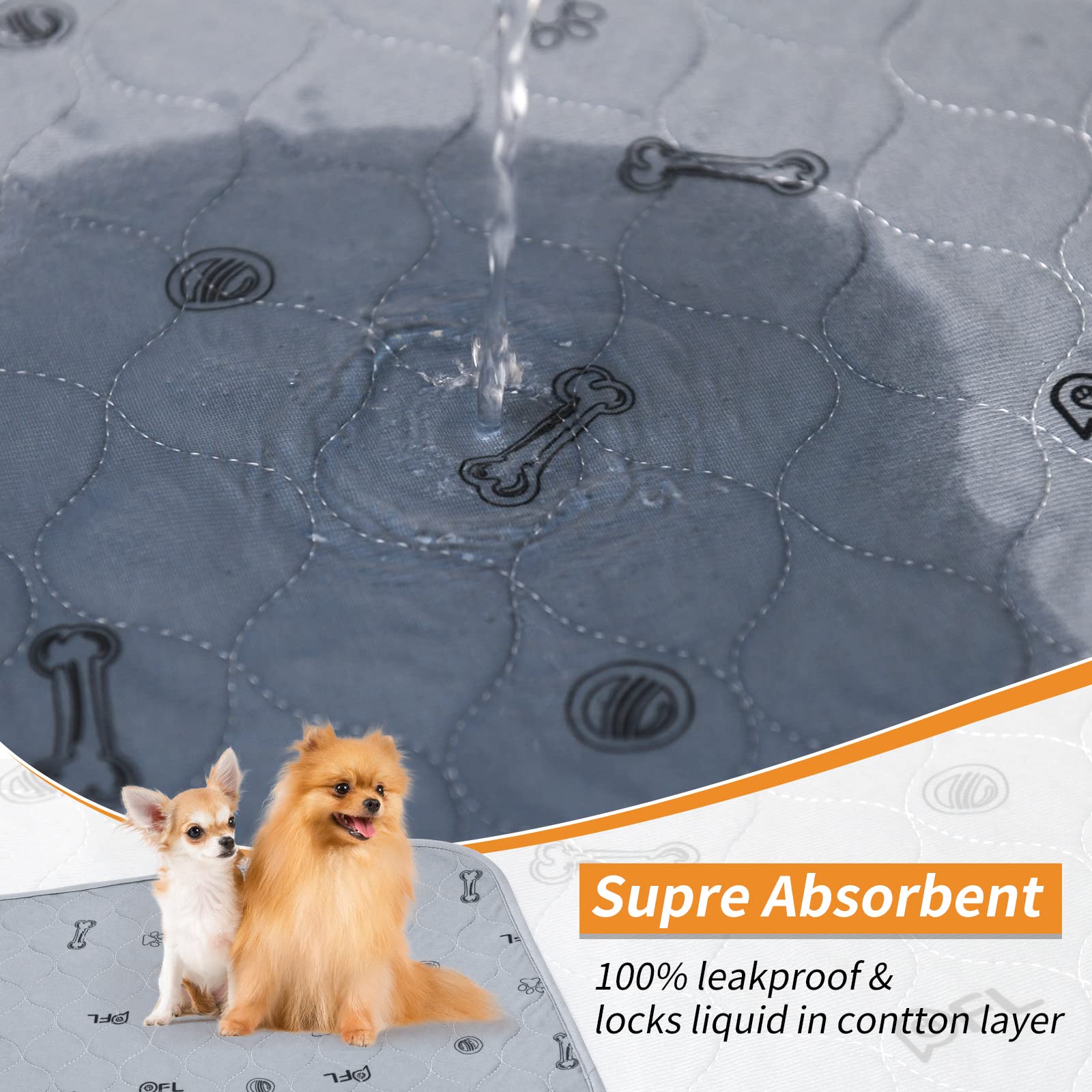 Washable Pee Pads For Dogs, 6Pack Reusable Puppy Pads, Absorbent Whelping Pads With Bone Print, Non-Slip Waterproof Pet Training