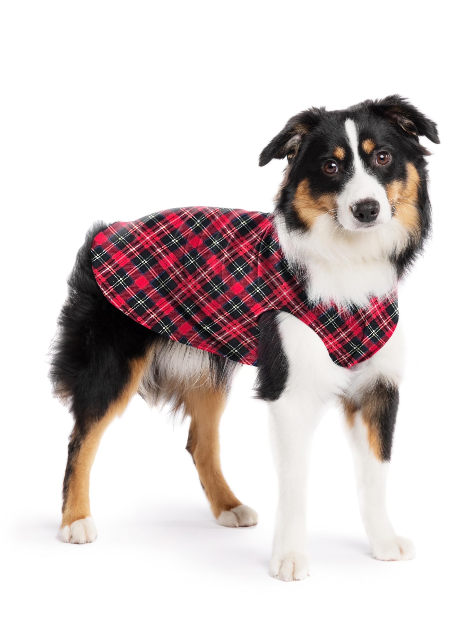 Gold Paw Stretch Fleece Dog Coat, Stretchy Pet Sweater, Machine Washable Pullover For Winter And Fall, Red Classic Plaid, 14