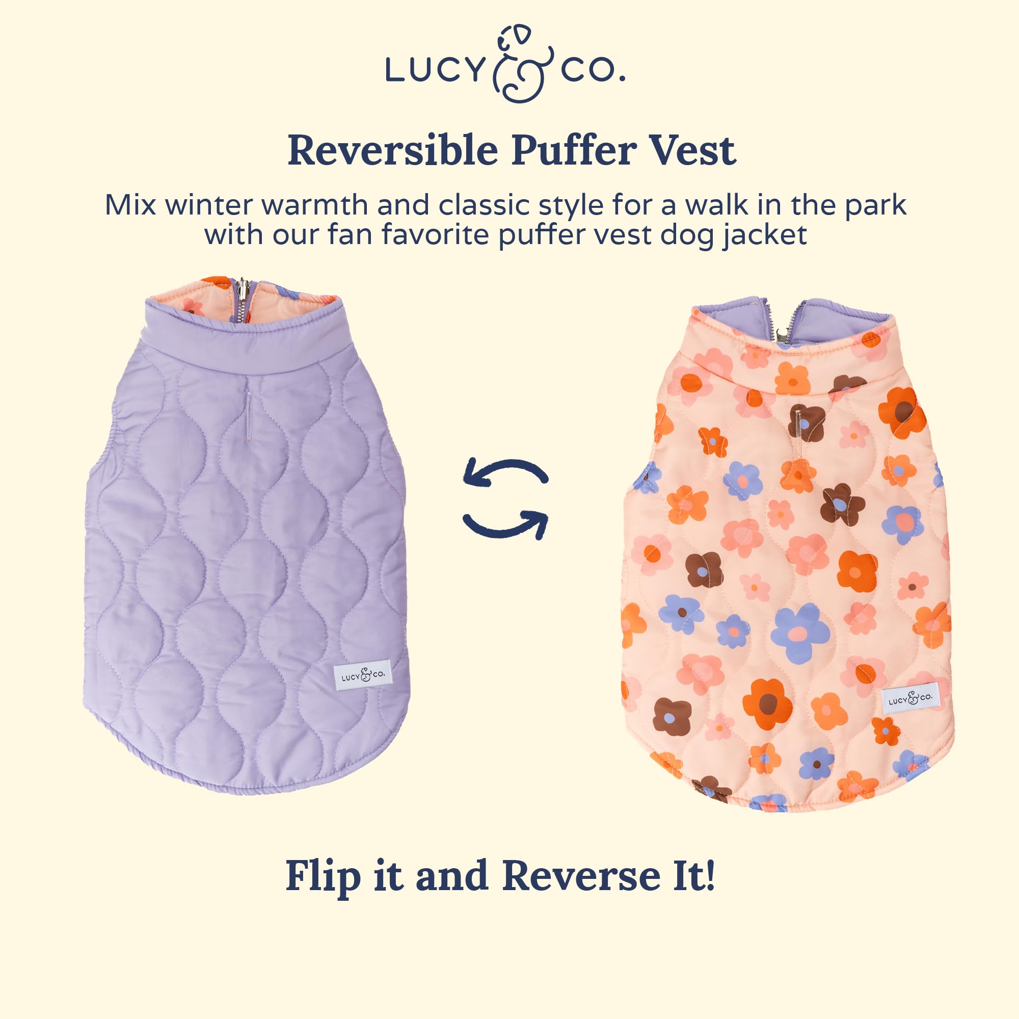 Lucy & Co. The Let'S Groove Reversible Puffer Vest (Pets) For Small Dogs, Medium Dogs And Large Dogs - Large - Purple & Coral Fl
