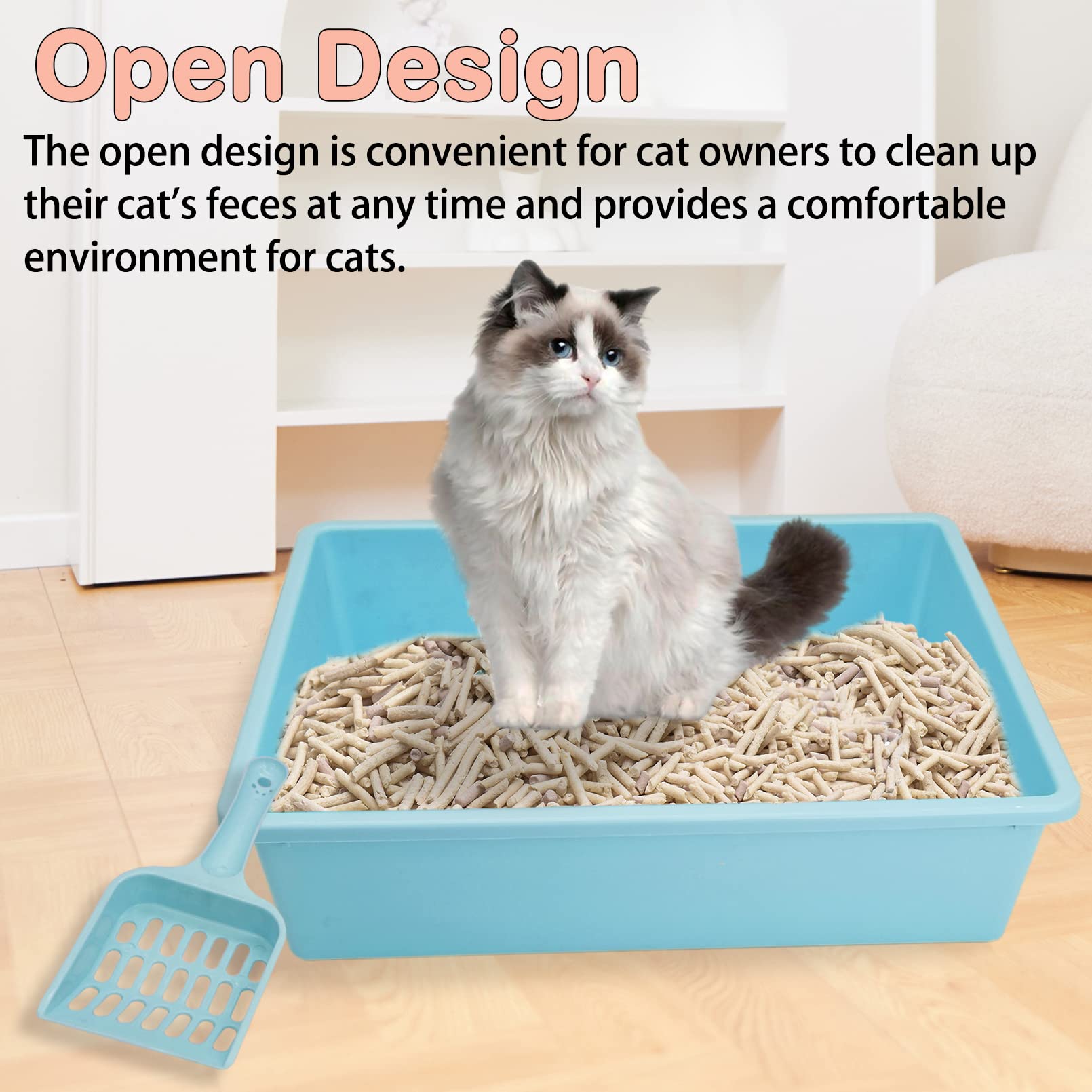 Kathson 3Pcs Medium Open Cat Litter Box With Scoop, Durable Non-Stick Plastic Litter Pan For Cats, Puppies, Bunnies, And Small A