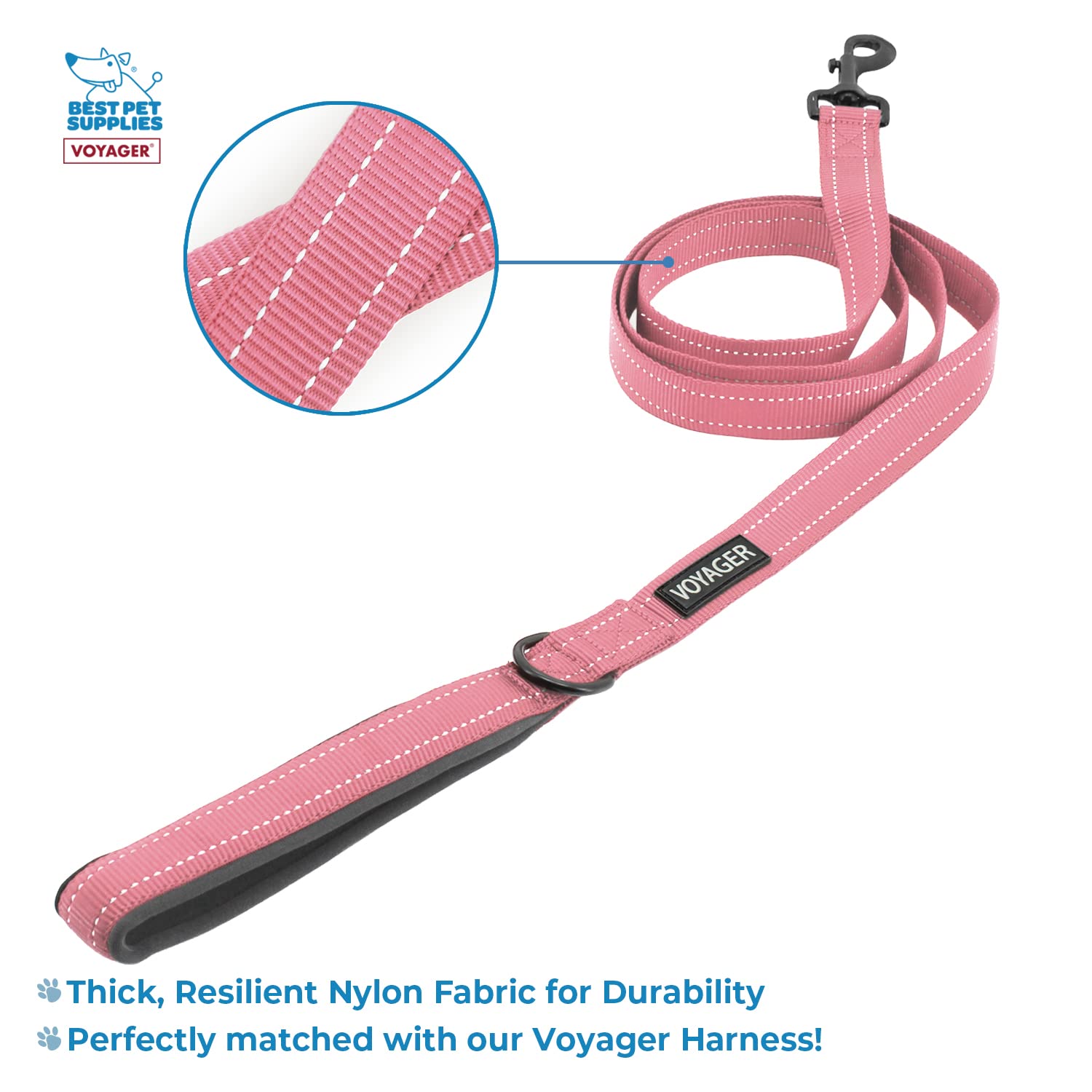 Voyager Reflective Dog Leash Collar Set With Neoprene Handle Supports Small, Medium, And Large Breed Puppies, Cute And Heavy Duty For Walking, Running, And Training - Pink, L