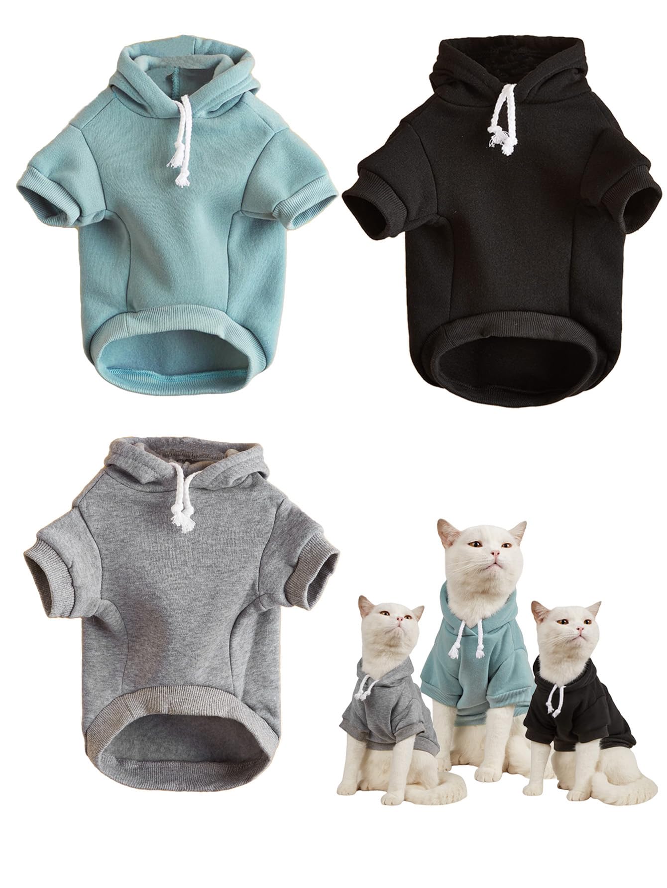 Qwinee 3Pcs Basic Dog & Cat Apparel - Warm Jacket & Shirt For Puppy & Kitten, Small To Large, Black, Green, Grey