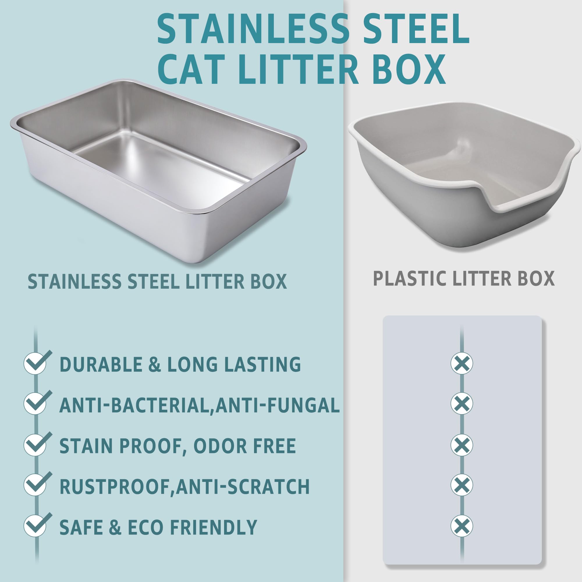 Egmehoad Stainless Steel Litter Box Easy Clean,-Large Metal Litter Box For Cats, High Sided Metal Litters Boxes, No Smell, Non S