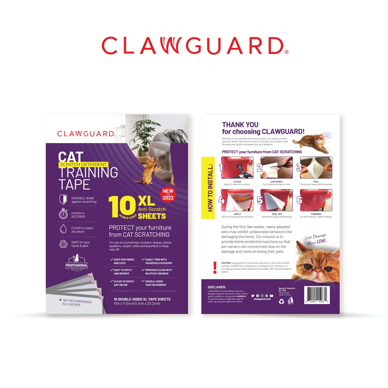Clawguard Cat Repellant Tape 10 Xl Sheets - Cat Scratch Furniture Protector - Cat Deterrent Tape - Cat Anti Scratch Shields - Cat Scratch Sofa Protection - Sofa Drapes Screens And More