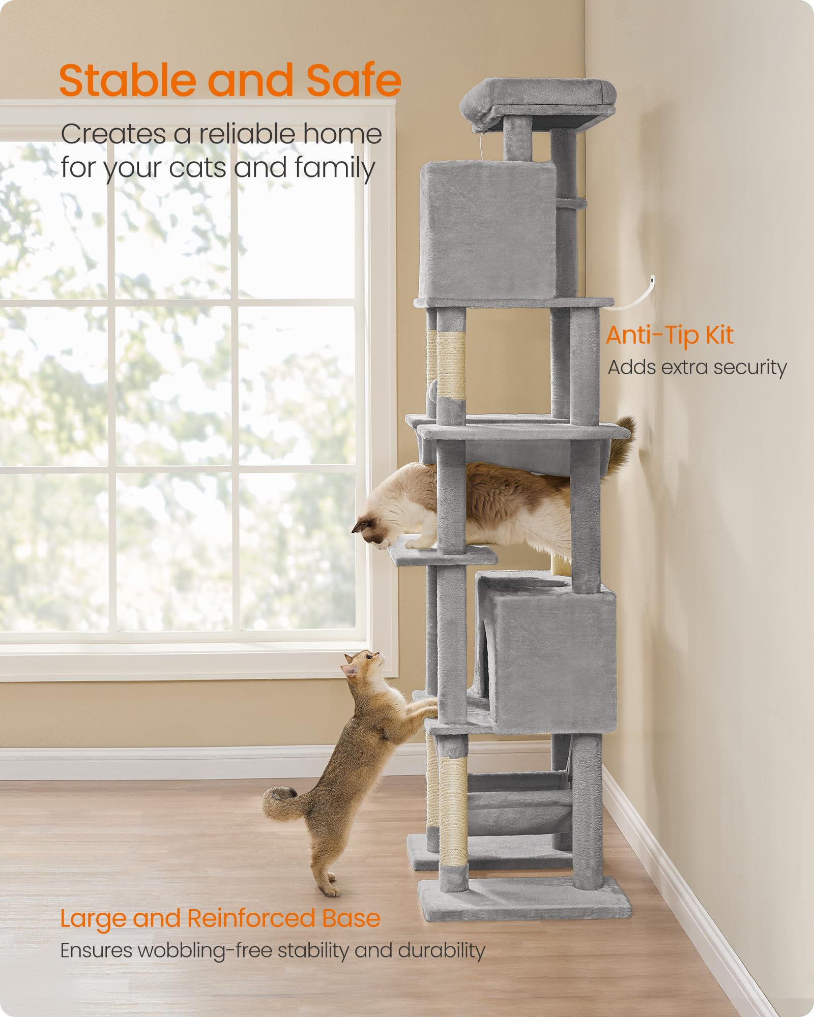 Feandrea Cat Tree, 79.1 Inch Tall Cat Tower for Indoor Cats, Multi-Level Large Cat Condo with 4 Scratching Posts, 2 Hammocks, a
