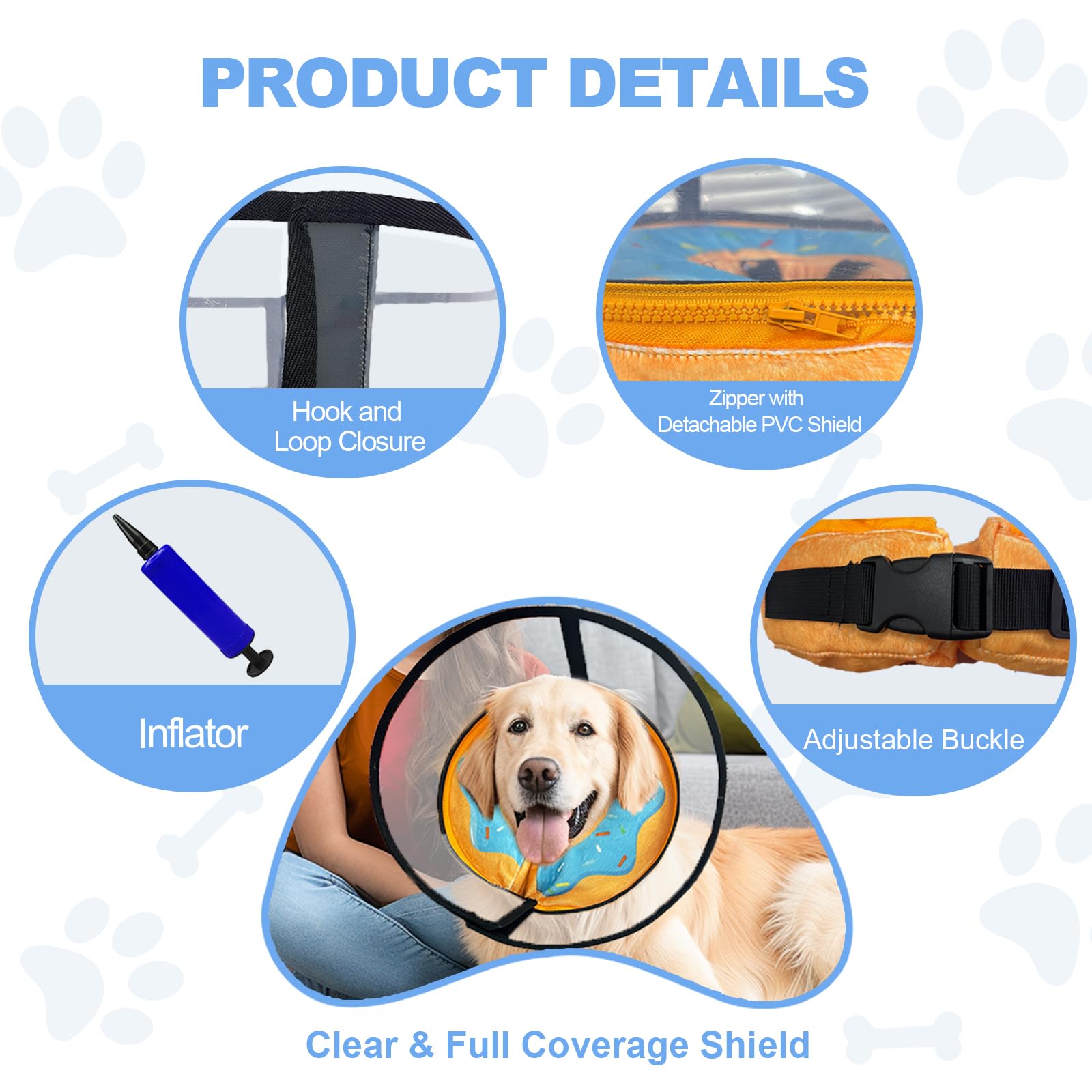 Inflatable Dog Cone Collar, Soft Dog Cone After Surgery, for M M+ L XL Dogs, with Detachable Anti Licking Shield and Inflator, 2