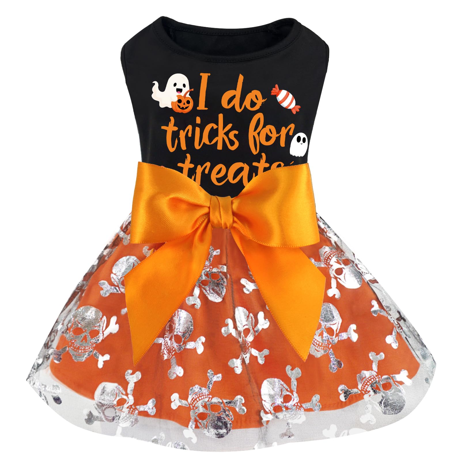 Xpudac Halloween Dog Dress Costumes For Small Dogs Girl Tulle Dress Dog Clothes Skull Holiday Pet Costume Cat Outfits, Orange-Me