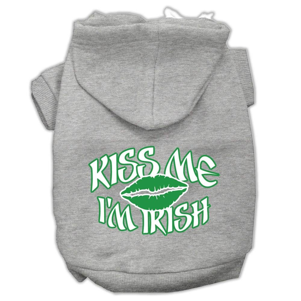 Pet Dog & Cat Hoodie Screen Printed, Kiss Me I'm Irish Gray XS (0-3 lbs.)