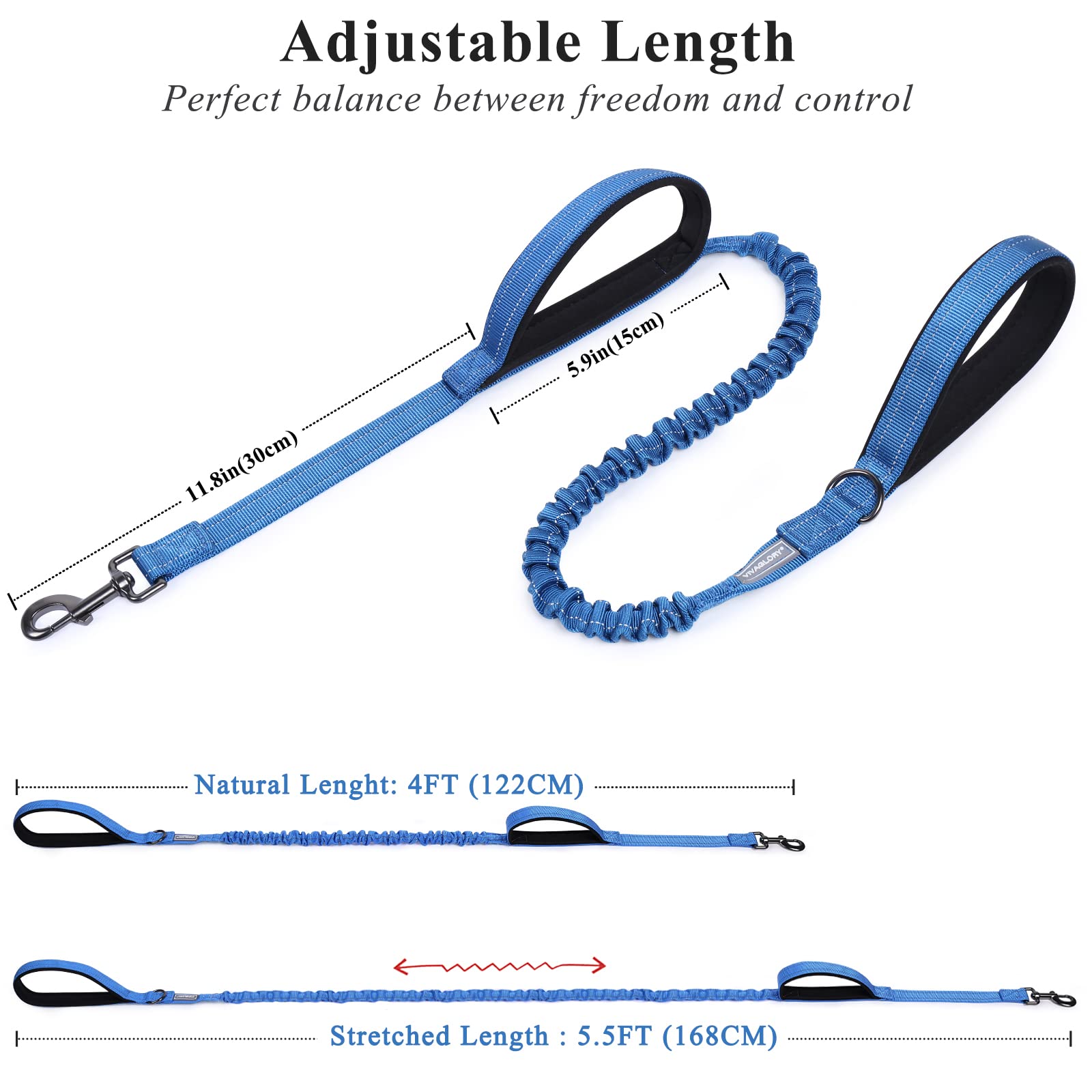 Vivaglory Heavy Duty Bungee Dog Leash, Dual Padded Handles No Pull Reflective Training Dog Leash With Traffic Handle For Medium