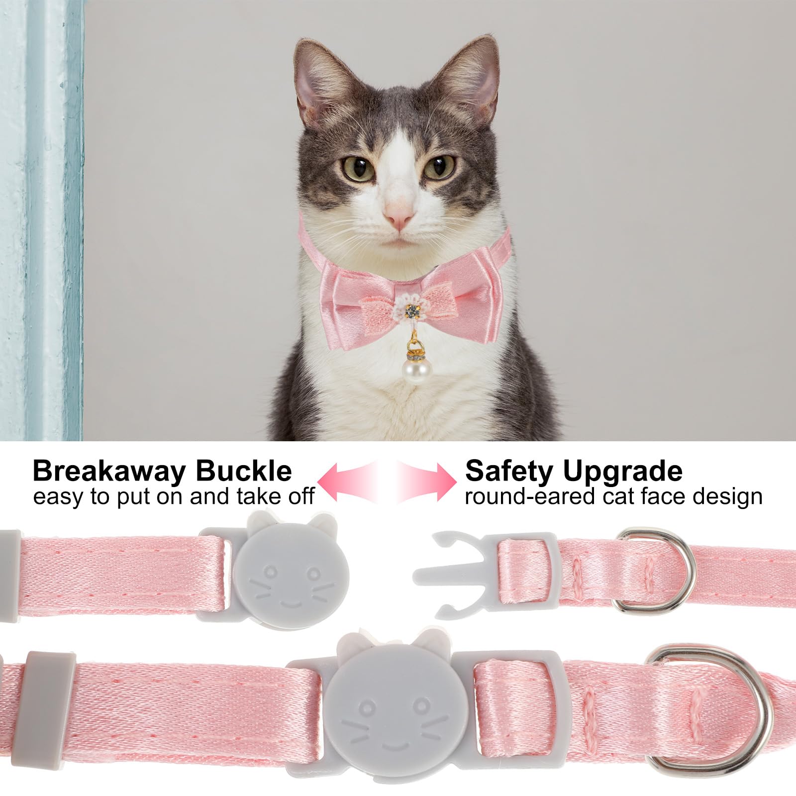 Jjunw Cat Collar Breakaway, Cat Collar With Pearl Pendant Quick Release Safe Buckle Pink Bowtie Adjustable Baby Kitten Collars C