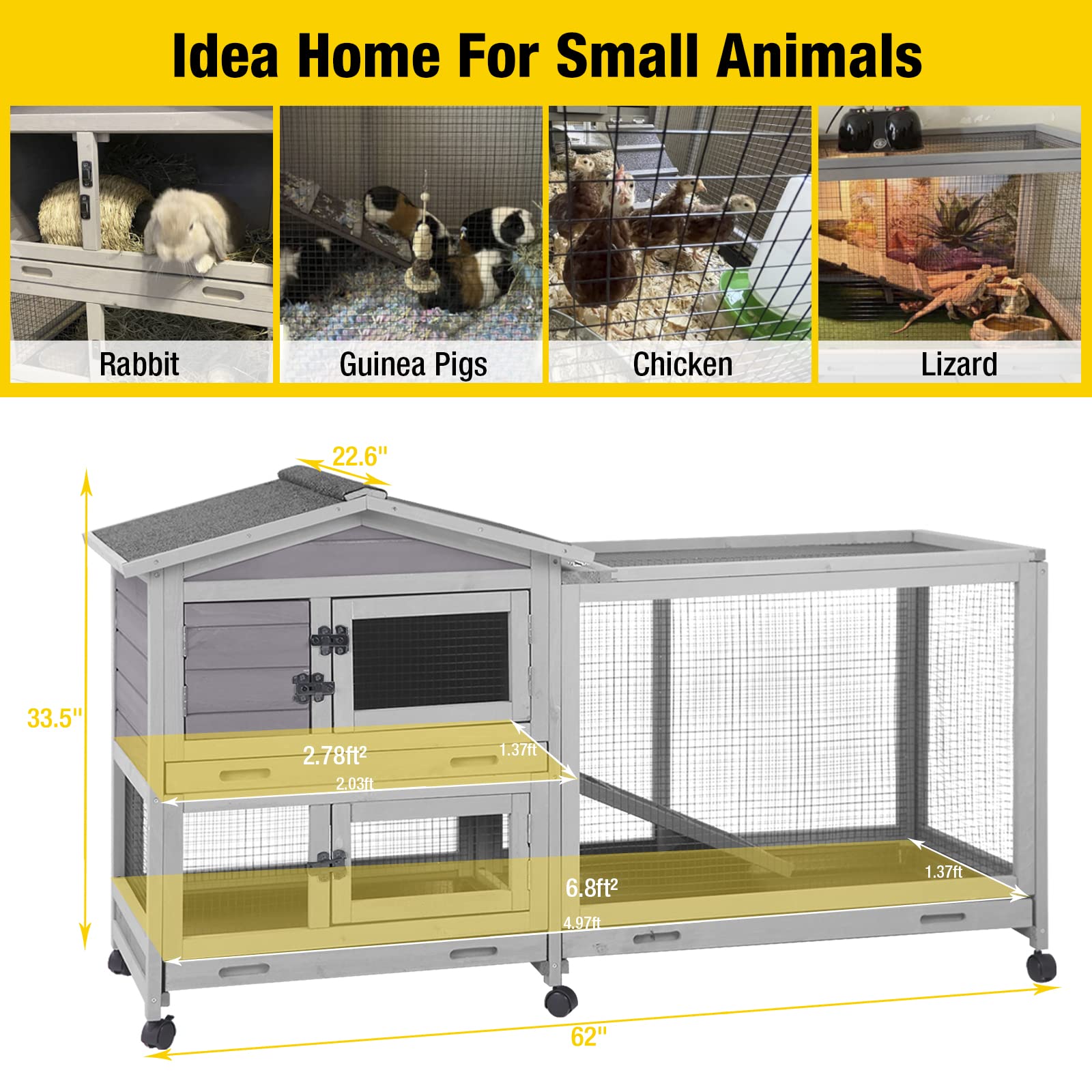 Aivituvin Rabbit Hutch Indoor 62' Rabbit Cage Outdoor Chicken Coop Guinea Pig Cage On Wheels Bunny Cage With 3 Deep No Leakage Pull Out Tray,Waterproof Roof (Grey)