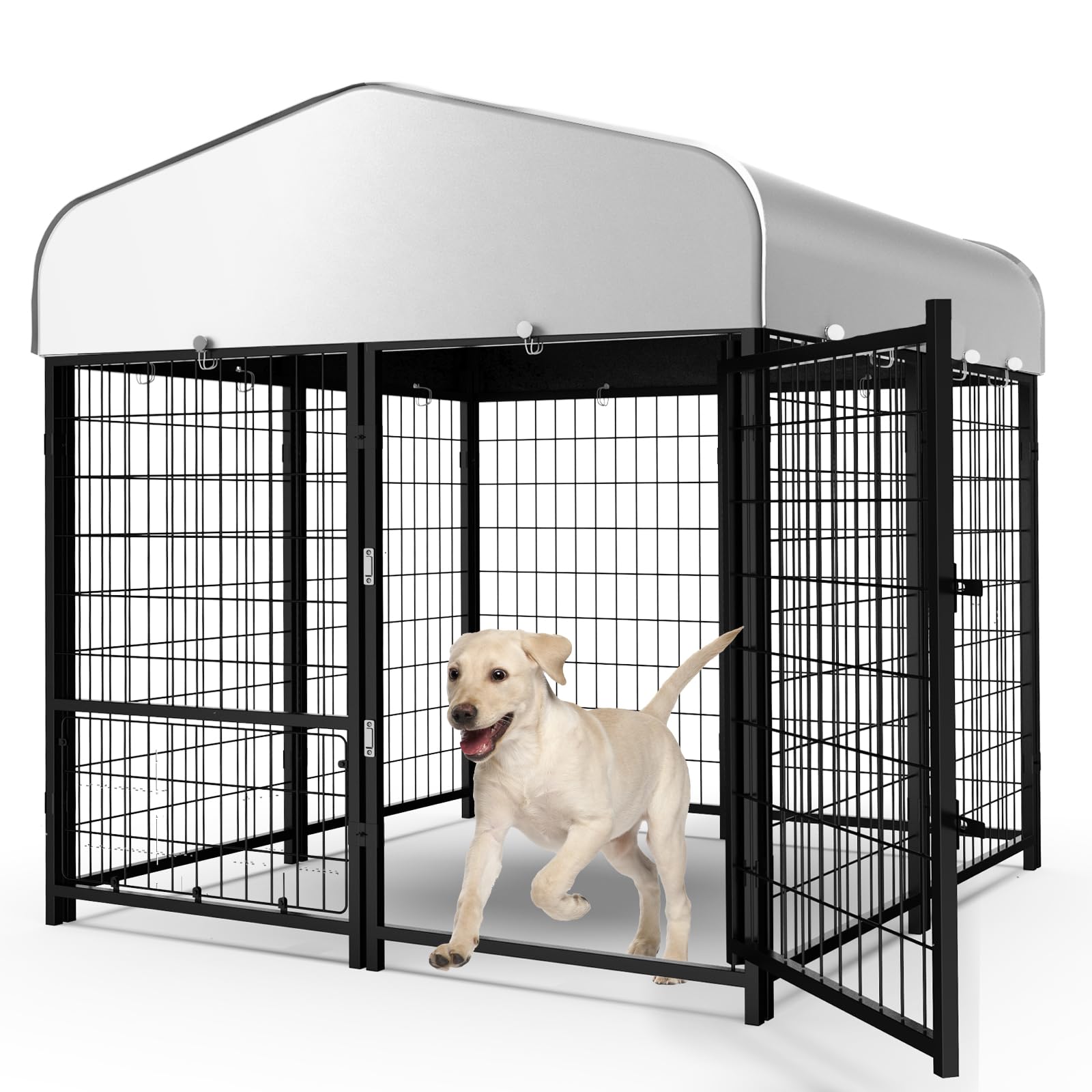 Guiferland Dog Kennel Pen Outside Outdoor Dog Run With Roof, Feeders/Removable Doggy Door Allow Connecting Your Dog House- Squar