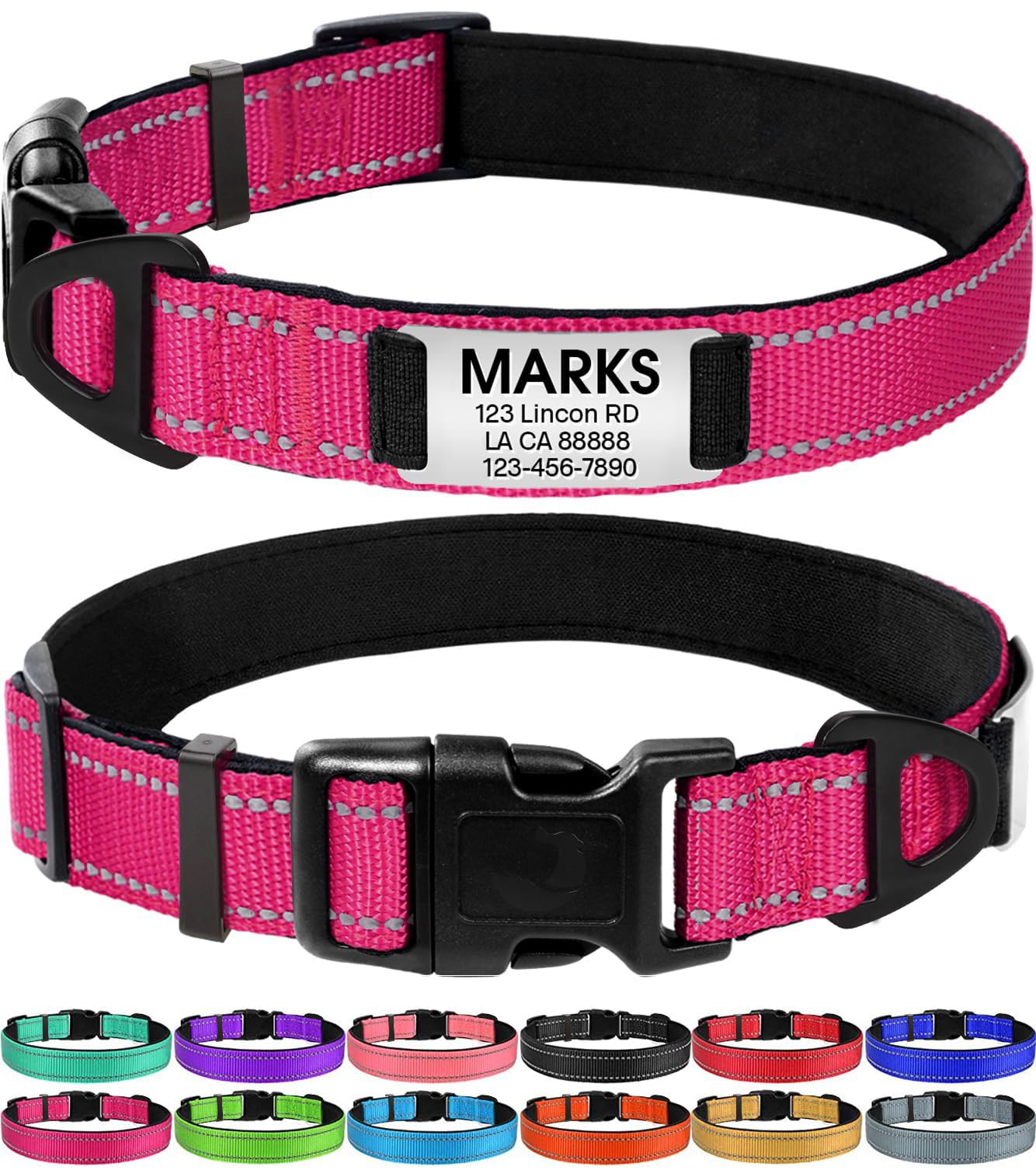 Joytale Personalized Dog Collars, Reflective Nylon Dog Collar With Engraved Name Plate, Customized For Xlarge Dogs, Hotpink, Xl