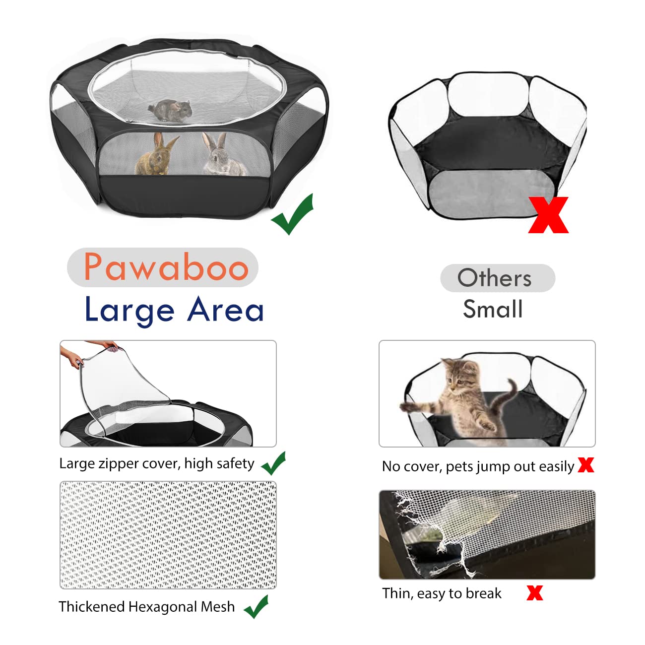 Pawaboo Small Animals Playpen, Waterproof Small Pet Cage Tent With Zippered Cover, Portable Outdoor Yard Fence With 3 Metal Rod For Kitten/Puppy/Guinea Pig/Rabbits/Hamster/Chinchillas, Black