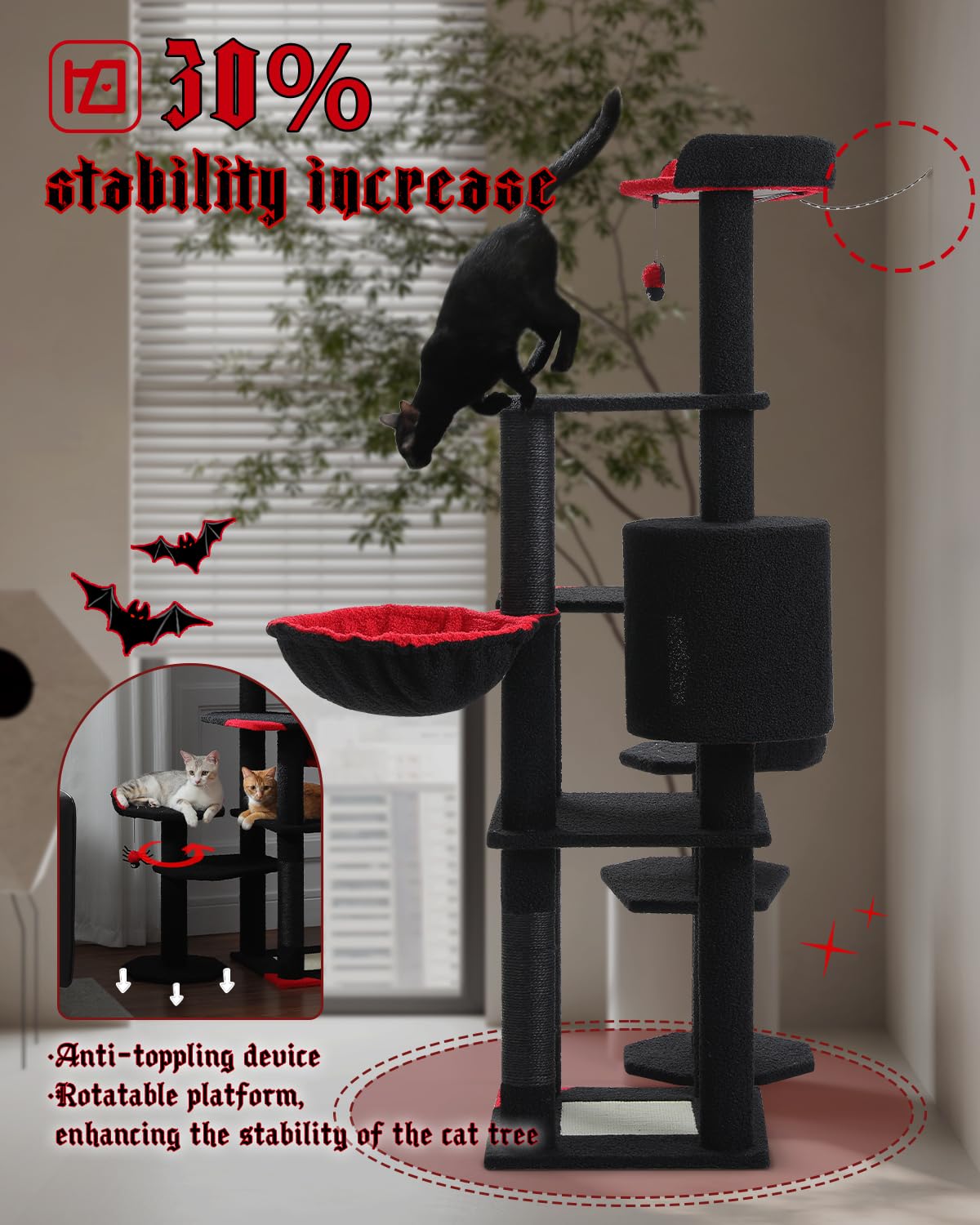 Muttros 59'' Gothic Cat Tree With Coffin Bed-Black Cat Tower For Indoor Cats With Spacious Cat Condo & Cozy Hammock, Spider Hang