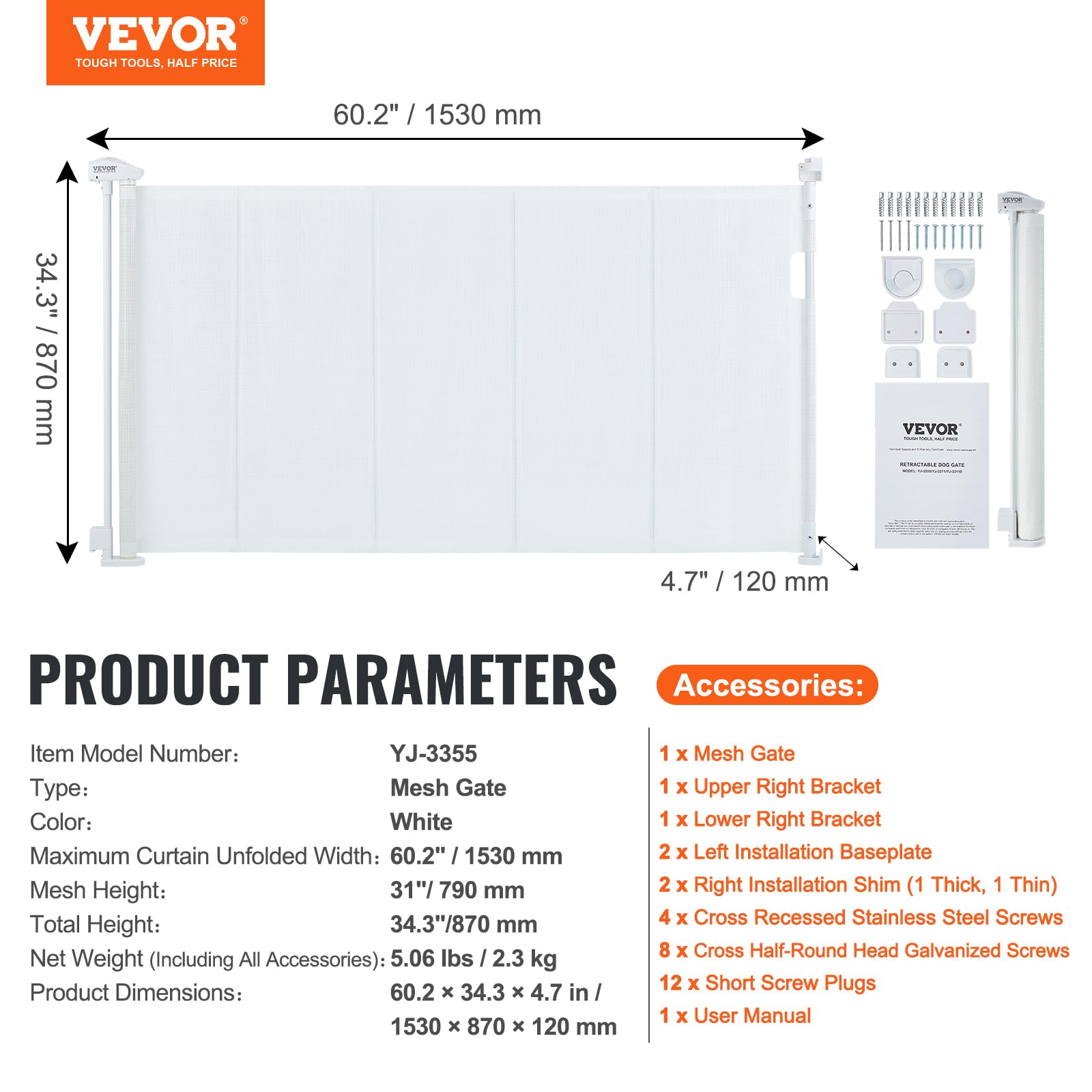 VEVOR Retractable Baby Gates for Stairs, Extends up to 60&quot; Wide, Mesh Dog Gate for The House, 34&quot; Tall Child Safety Gates for Doorways, Hallways, Wide Pet Gate, Cat Gate Indoor & Outdoor, White