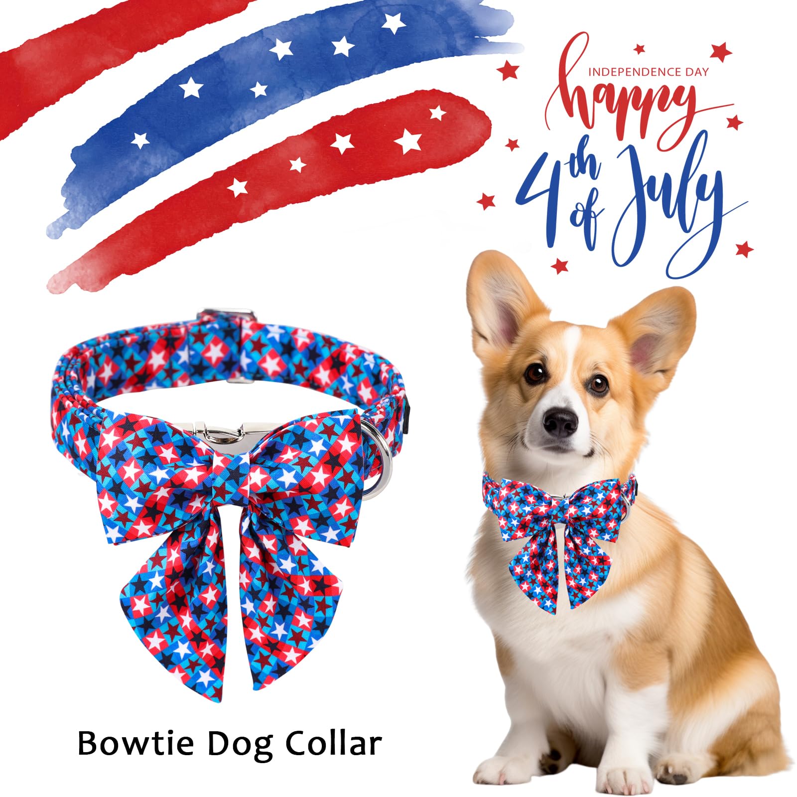 Unique Style Paws 4Th Of July Dog Collar With Bowtie, American Flag Dog Collars With Bow Adjustable Patriotic Puppy Collar For S