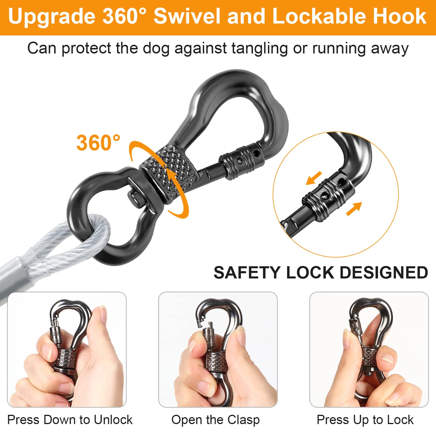 Tresbro 10 Ft Dog Tie Out Cable, Heavy Duty Dog Chains For Outside With Spring Swivel Lockable Hook, Pet Runner Cable Leads For Yard, Silver Dog Line Tether For Small Medium Large Dogs Up To 500 Lbs