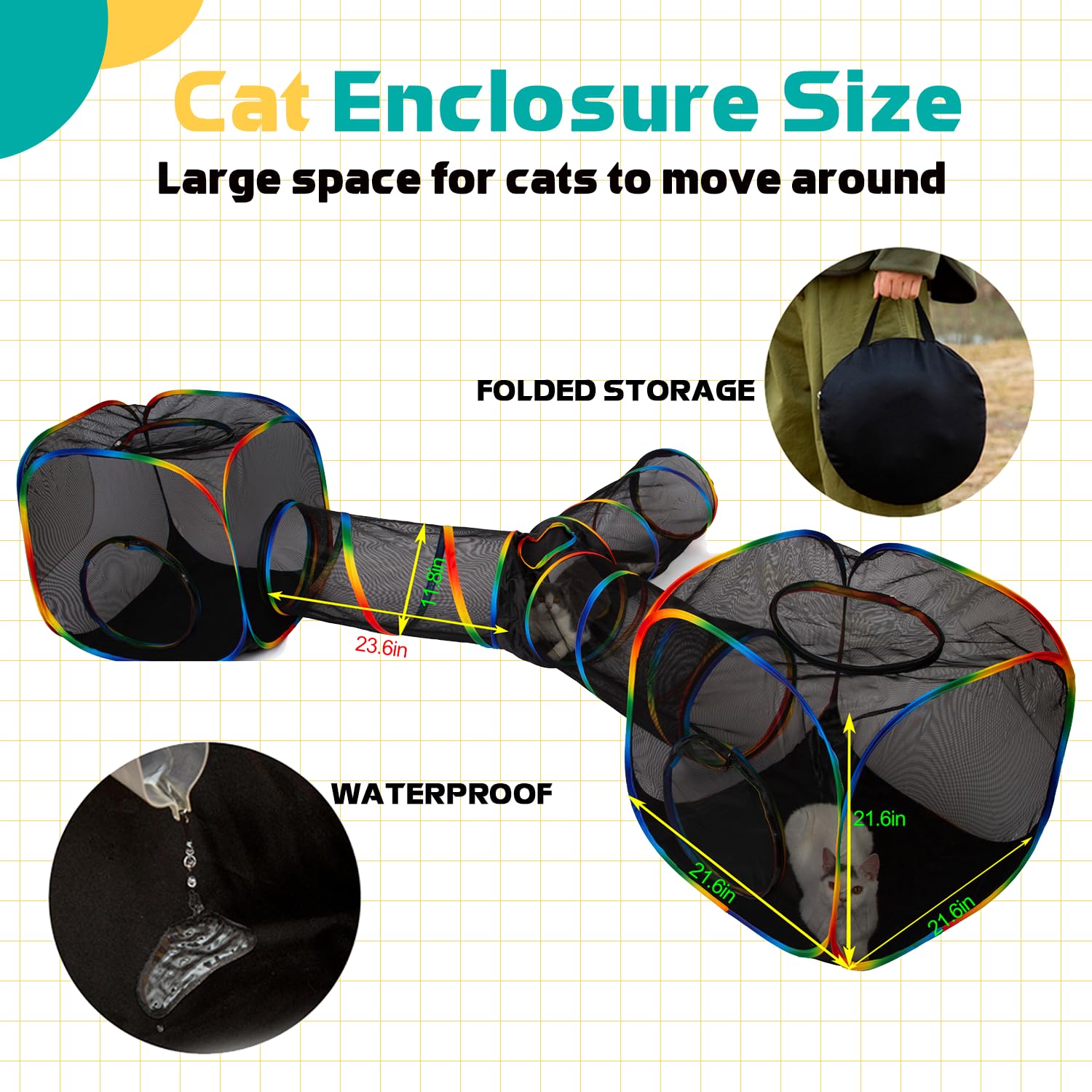 Luckitty Outdoor Rainbow Cat Enclosures Playground,Outside House For Indoor Cats Include Portable Tent, 3 Way With 2 Cube Tunnel