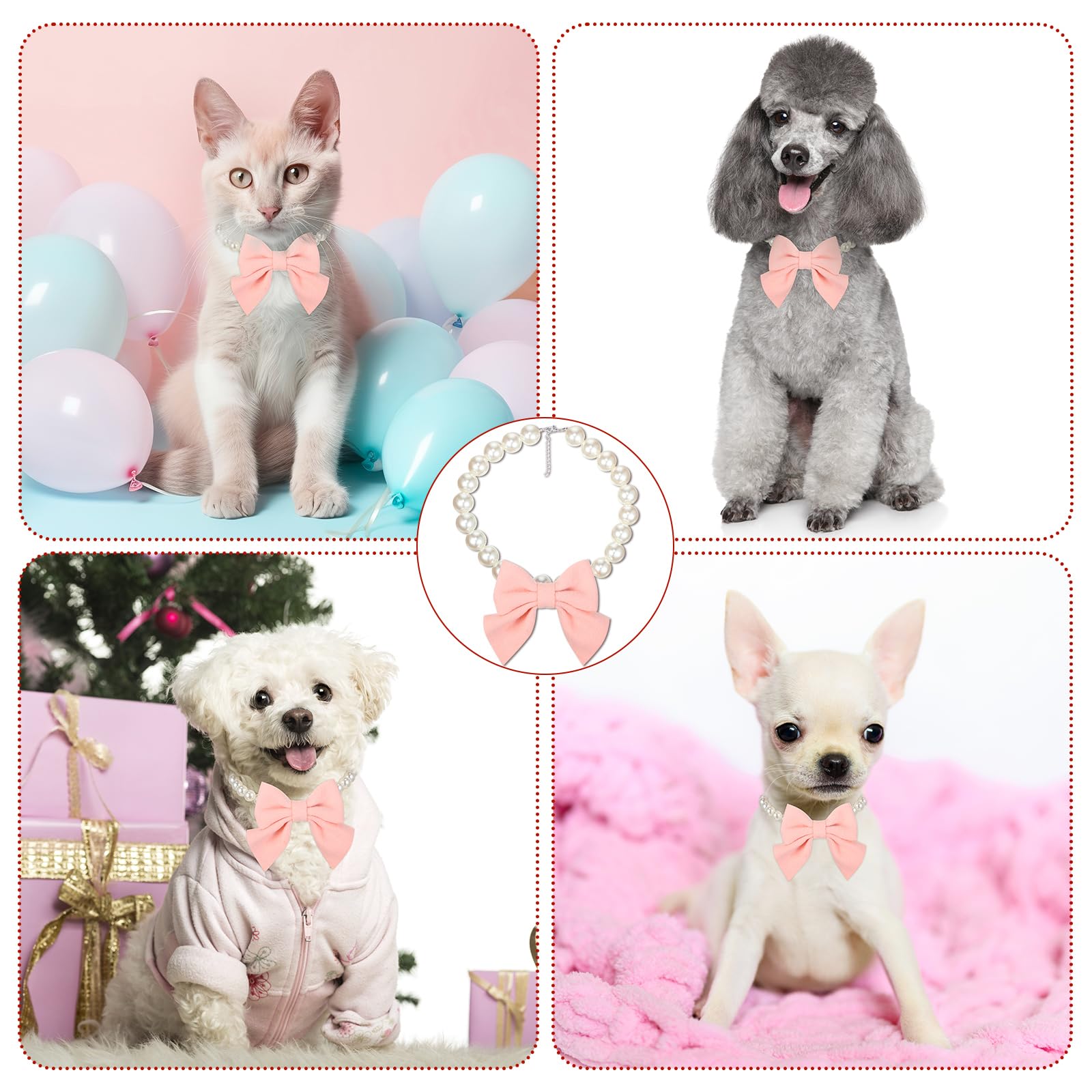 Leifide Dog Pearls Collar Necklace Jewelry With Pink Bow Pendant Fancy Pearls Pet Collars Adjustable Dog Cat Necklace For Weddin