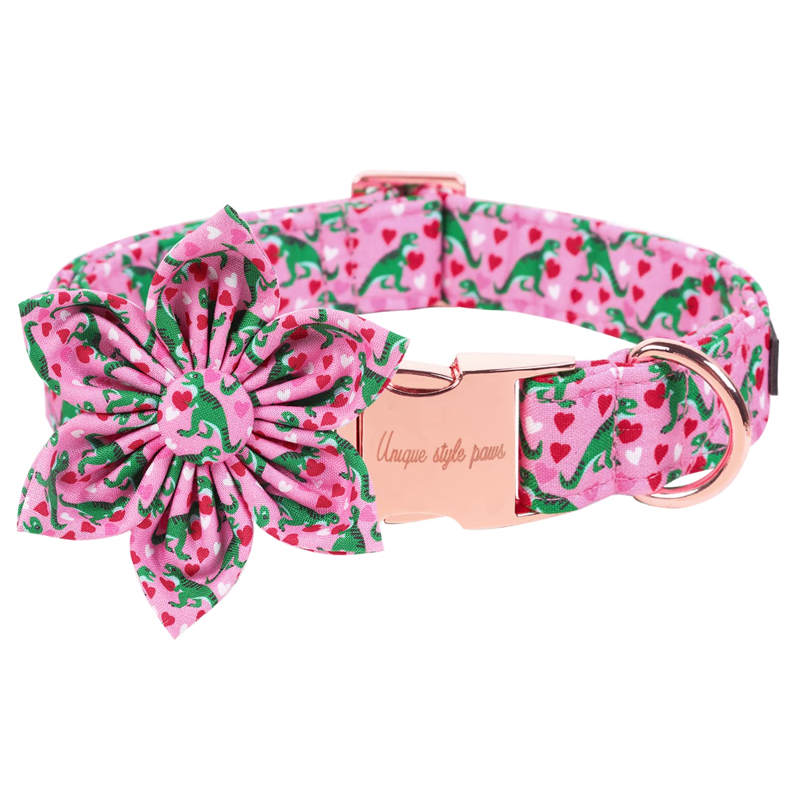 Unique Style Paws Dog Collar With Flower Tie Pink Dinosaur & Heart Puppy Collar Suitable For Small Medium Large Dogs With Adjustable Safety Metal Buckle For Valentine'S Day-Xs