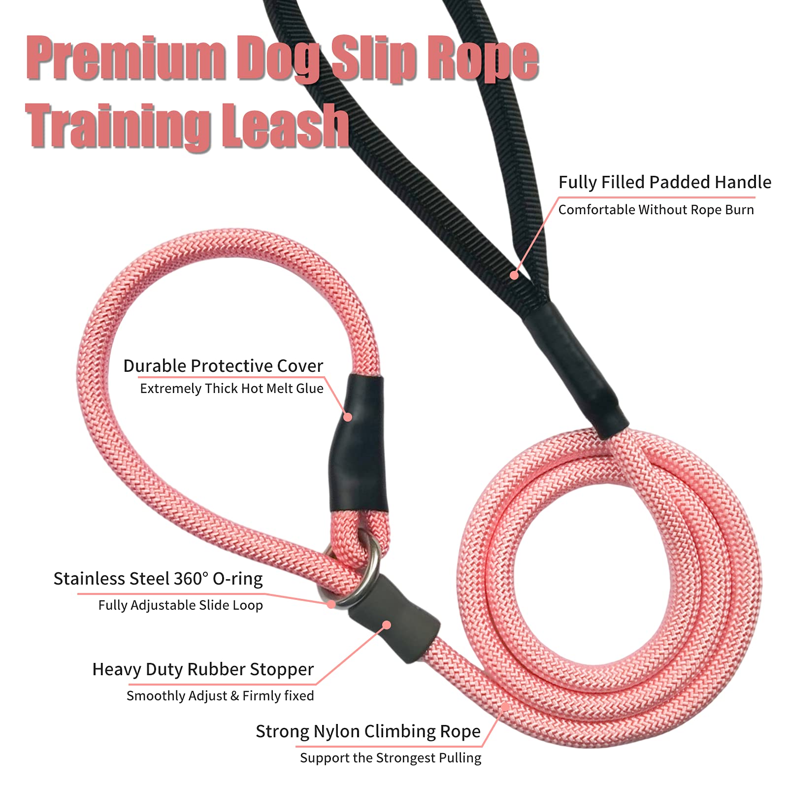 Strong Slip Rope Dog Training Leash (4Ft) - Heavy Duty Durable Braided Nylon Lead With Rubber Stopper & Padded Handle - No Pull Walking Climbing For Medium Large Dogs (Pink, 1/2' X 4Ft)