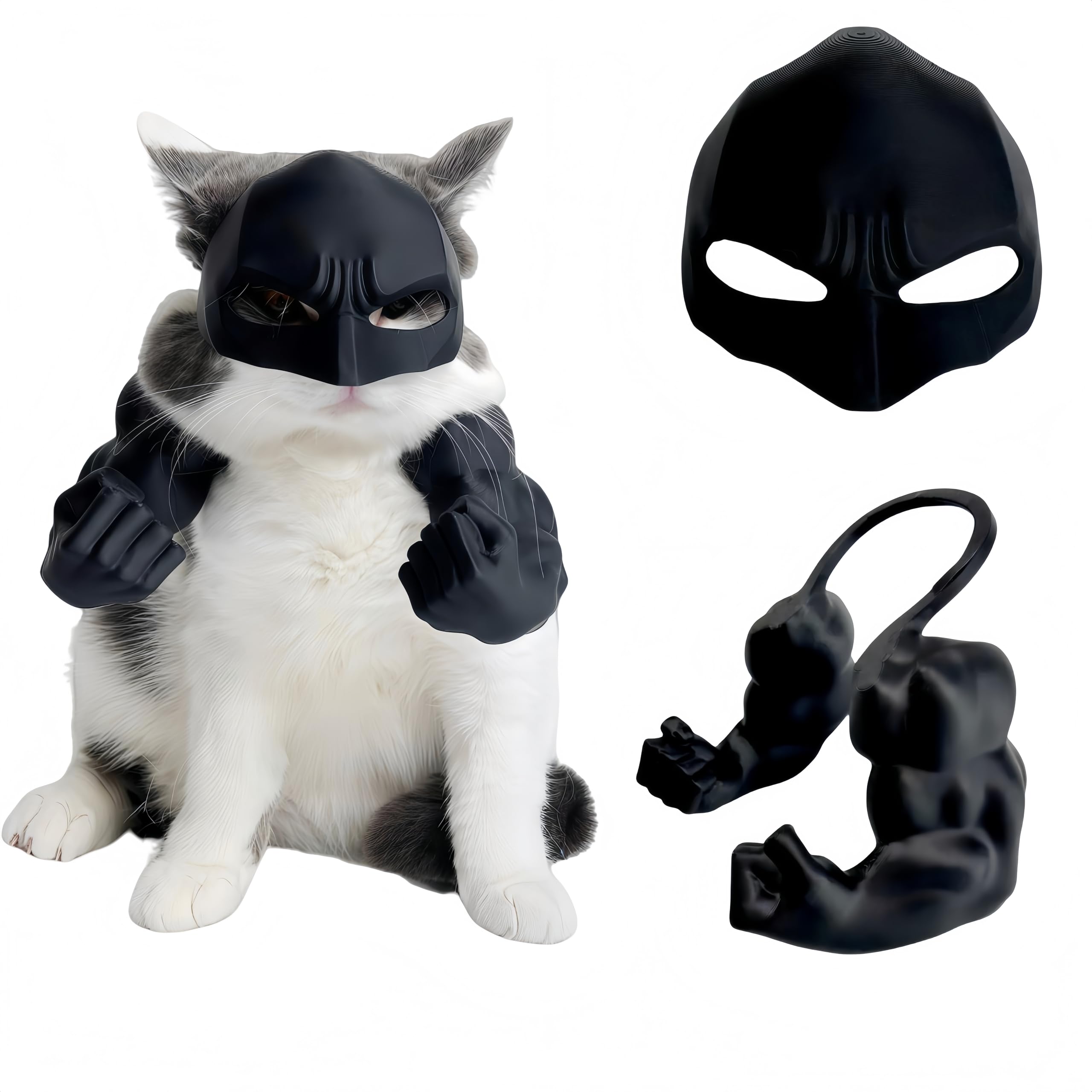 LINHUNCAT Cat Halloween Costume Accessories Set, 3D Printed Bat Mask and Muscle Arms, Role Play Props,Funny Cat Costume Accessor