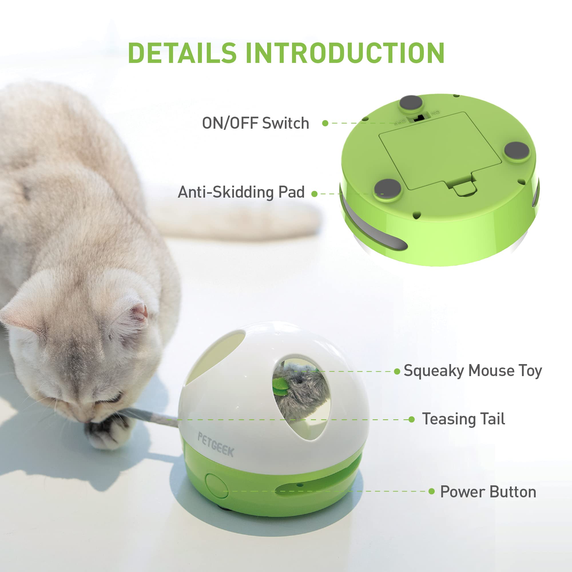 PETGEEK Interactive Cat Toy - Automatic Squeaky Mouse with Catnip, Engaging Indoor Exercise for Cats, Green Color