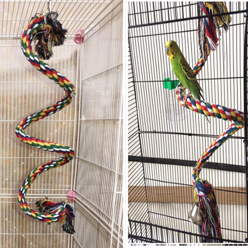 Aniac Bird Spiral Cotton Rope Perches With Bell Parrots Chewing Bungee African Grey Cage Toys Swing Birdcage Accessories Parakeet Climbing Stand Bar (40 Inches)