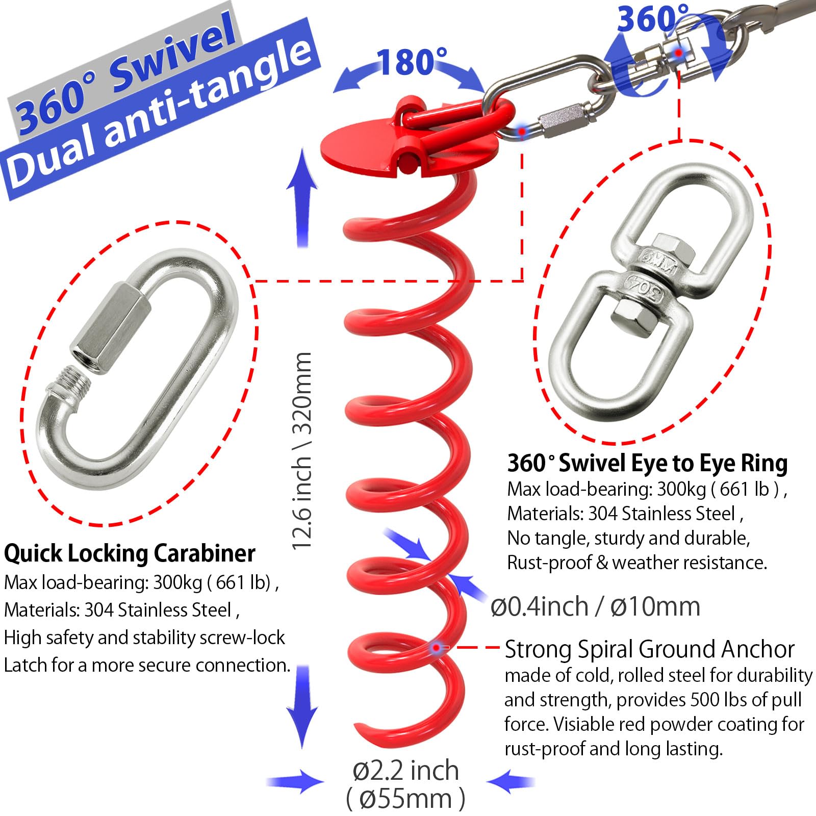 Heavy Duty Dog Tie Out Cable And Stake - 360 No Tangle Dog Yard Stake And Leash For Small To X-Large Dogs Or Two Dogs Up To 180
